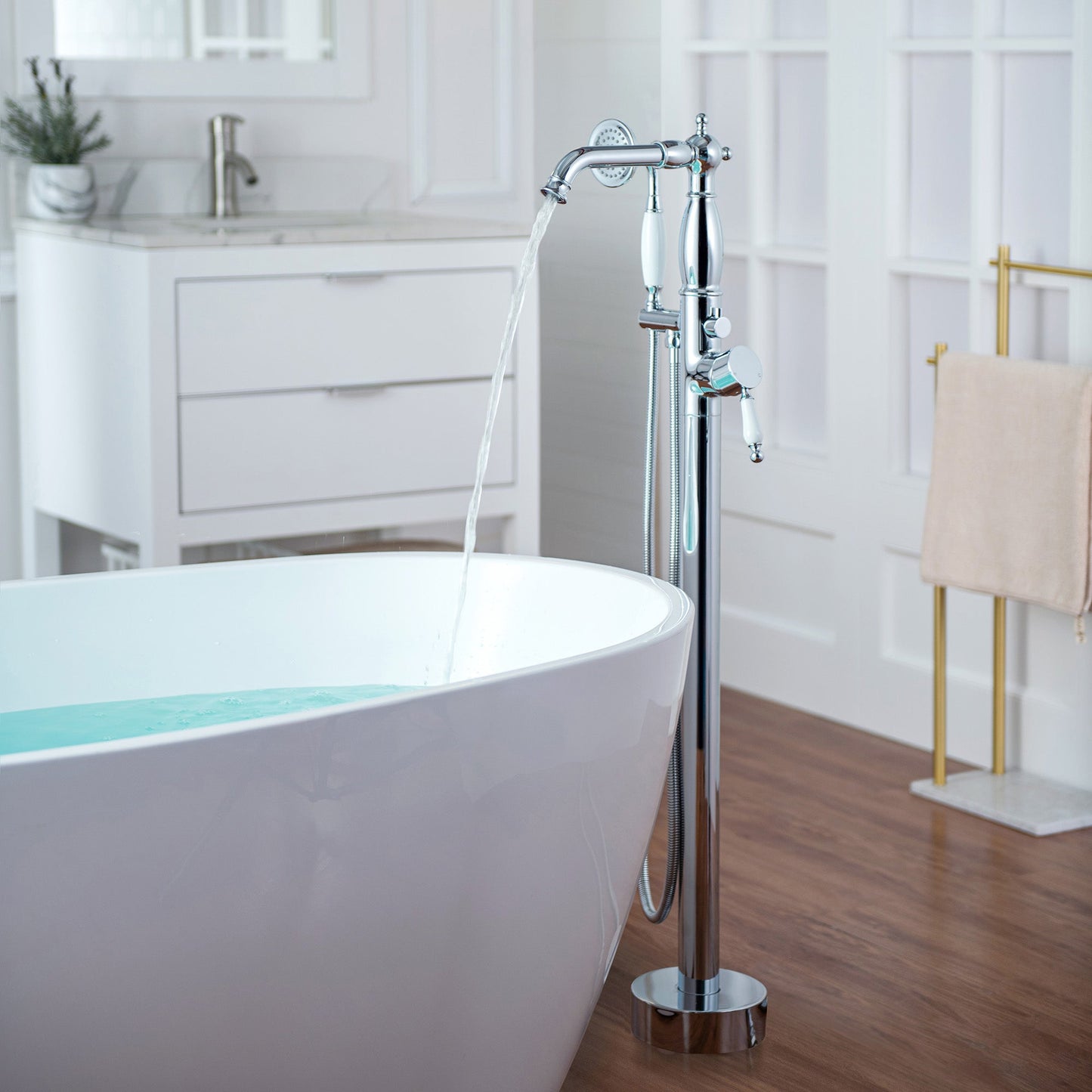 WOODBRIDGE F0047BN Fusion Single Handle Floor Mount Freestanding Tub Filler Faucet with Telephone Hand shower