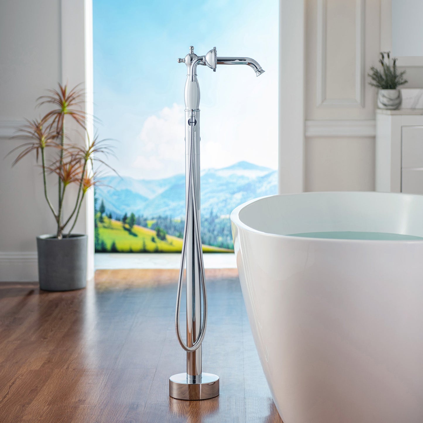 WOODBRIDGE F0047BN Fusion Single Handle Floor Mount Freestanding Tub Filler Faucet with Telephone Hand shower