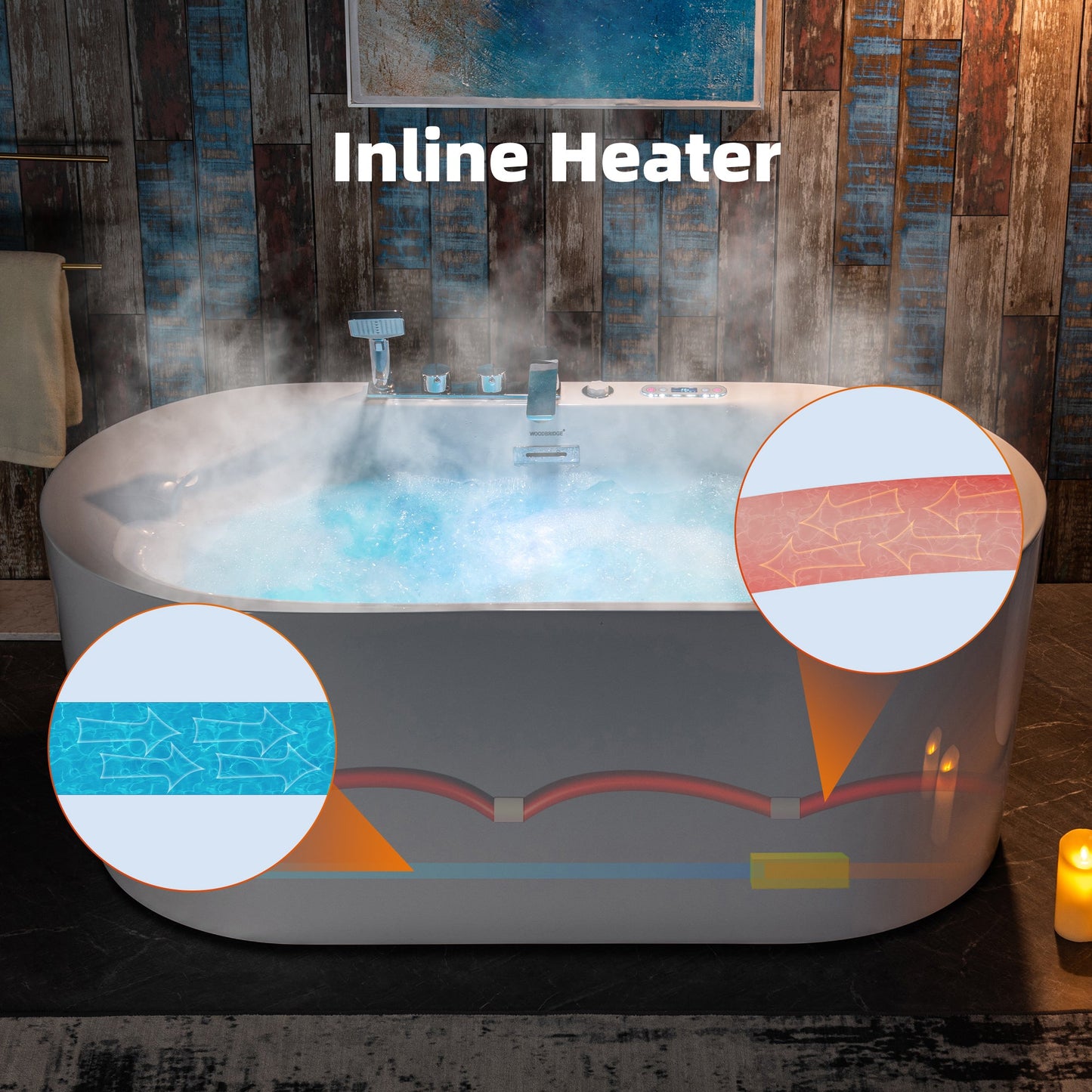 WOODBRIDGE 59" x 31-1/2" Whirlpool Water Jetted and Air Bubble Freestanding Heated Soaking Combination Bathtub with Tub Filler and LED control panel