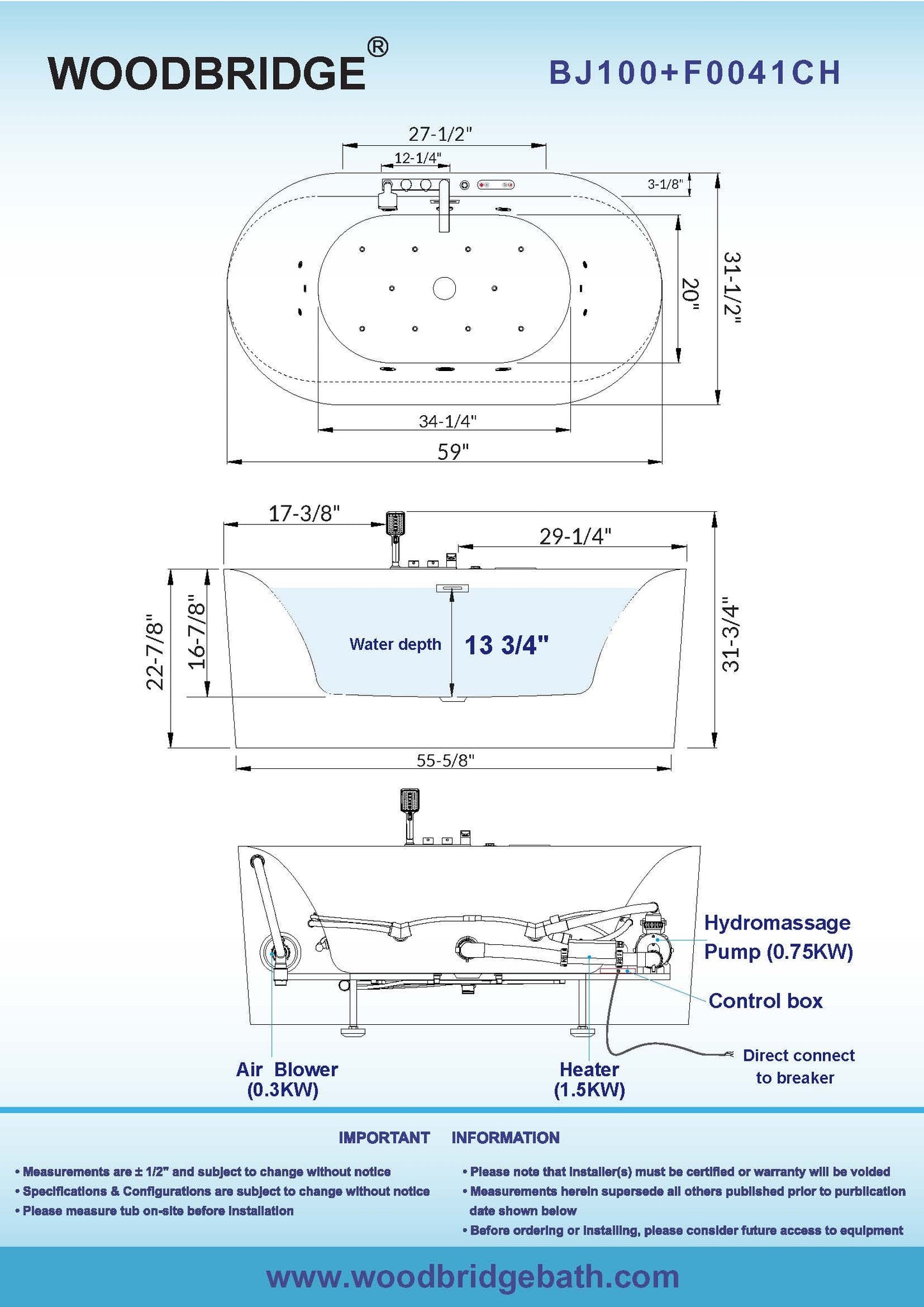 WOODBRIDGE 59" x 31-1/2" Whirlpool Water Jetted and Air Bubble Freestanding Heated Soaking Combination Bathtub with Tub Filler and LED control panel