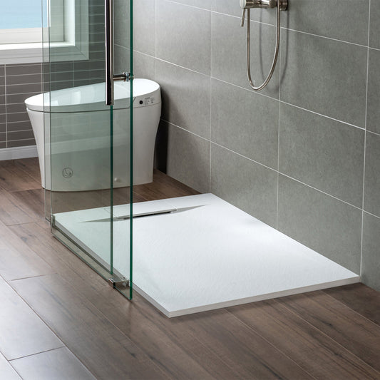 WOODBRIDGE 47.5 in L x 31.5 in W Zero Threshold End Drain Shower Base with Reversible Drain Placement, Matching Decorative Drain Plate and Tile Flange, Wheel Chair Access, Low Profile