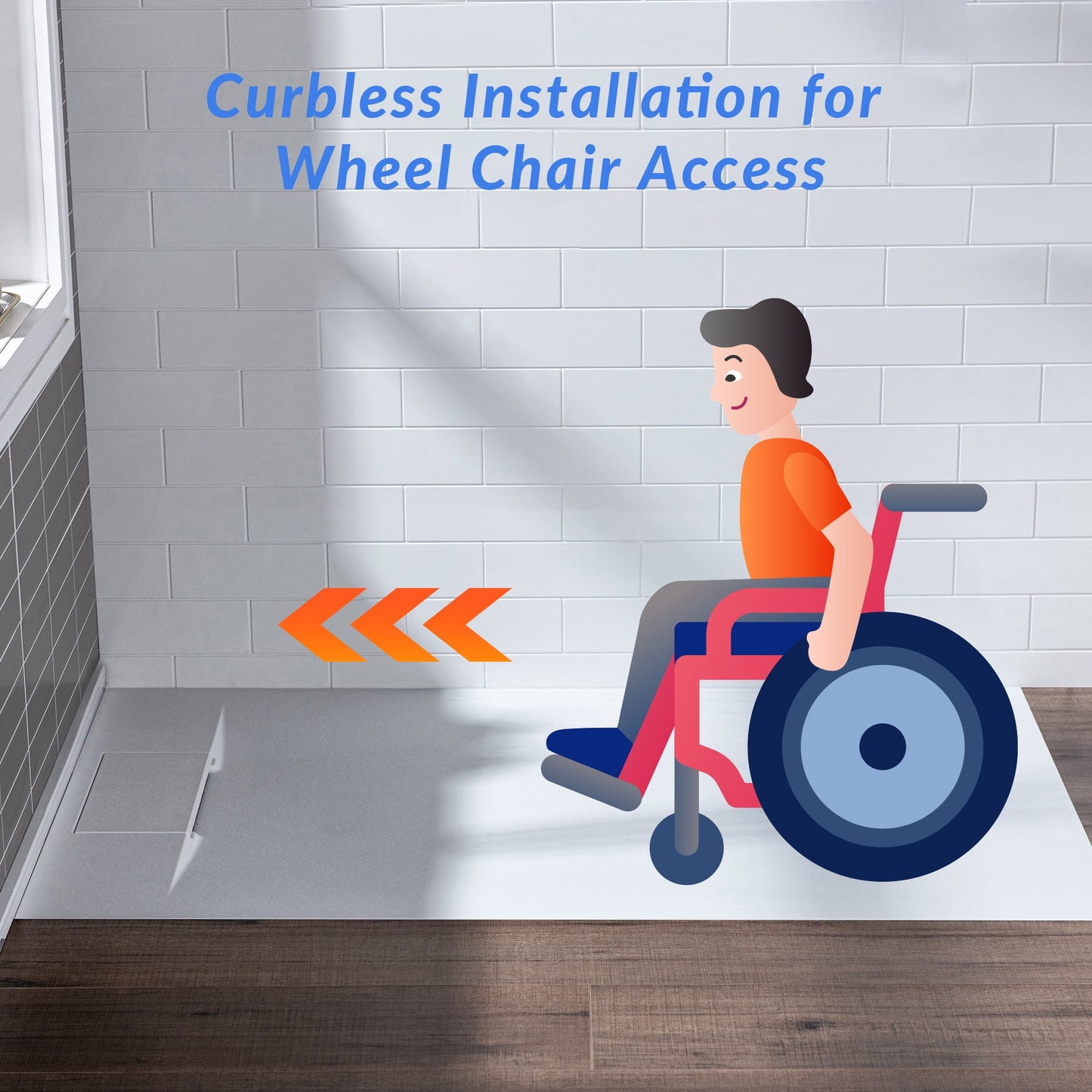 WOODBRIDGE 47.5 in L x 31.5 in W Zero Threshold End Drain Shower Base with Reversible Drain Placement, Matching Decorative Drain Plate and Tile Flange, Wheel Chair Access, Low Profile