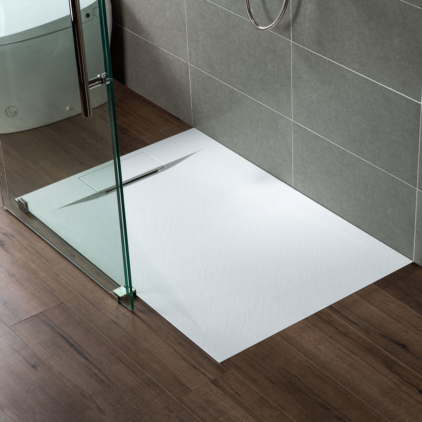 WOODBRIDGE 47.5 in L x 31.5 in W Zero Threshold End Drain Shower Base with Reversible Drain Placement, Matching Decorative Drain Plate and Tile Flange, Wheel Chair Access, Low Profile