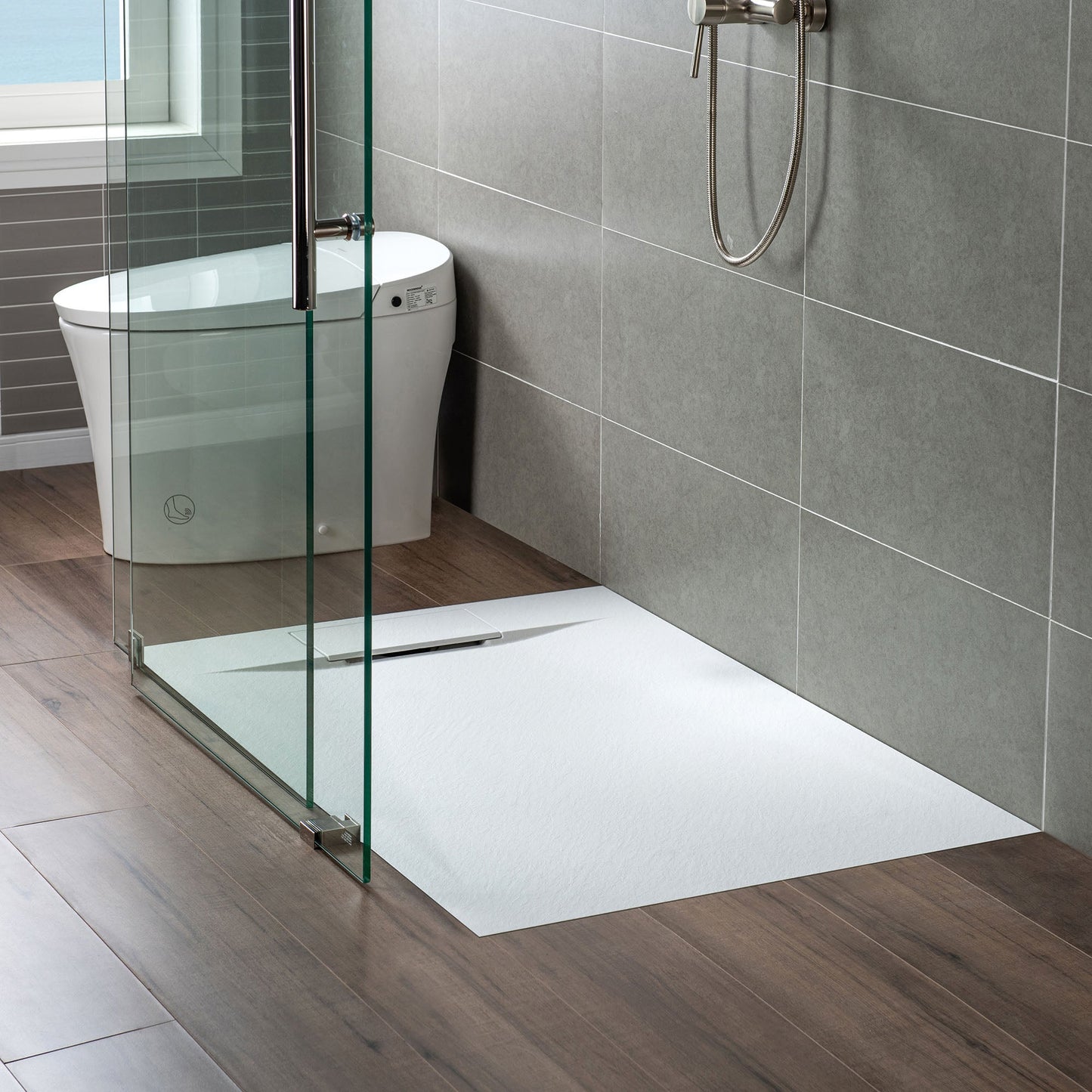 WOODBRIDGE 47.5 in L x 31.5 in W Zero Threshold End Drain Shower Base with Reversible Drain Placement, Matching Decorative Drain Plate and Tile Flange, Wheel Chair Access, Low Profile