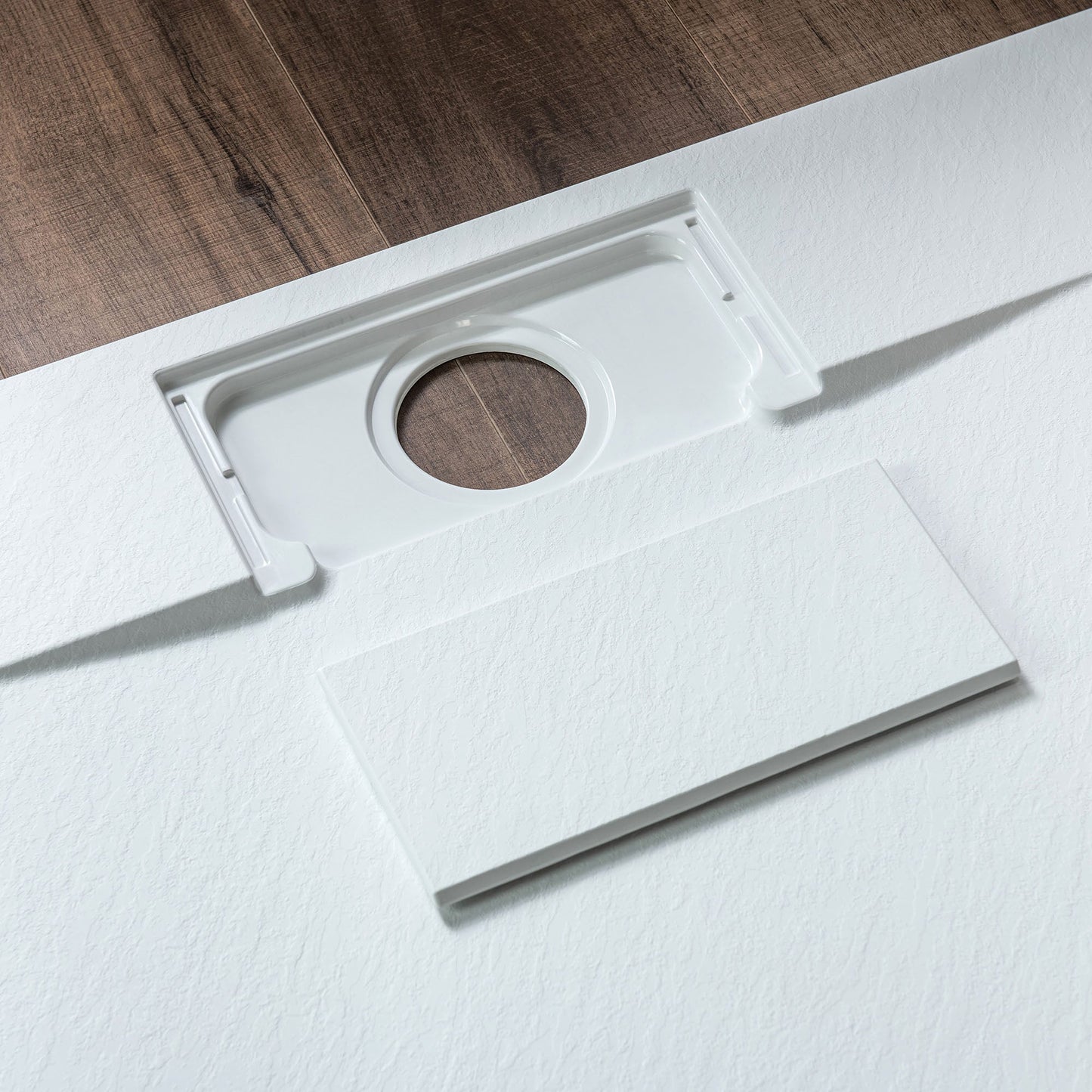 WOODBRIDGE 47.5 in L x 31.5 in W Zero Threshold End Drain Shower Base with Reversible Drain Placement, Matching Decorative Drain Plate and Tile Flange, Wheel Chair Access, Low Profile