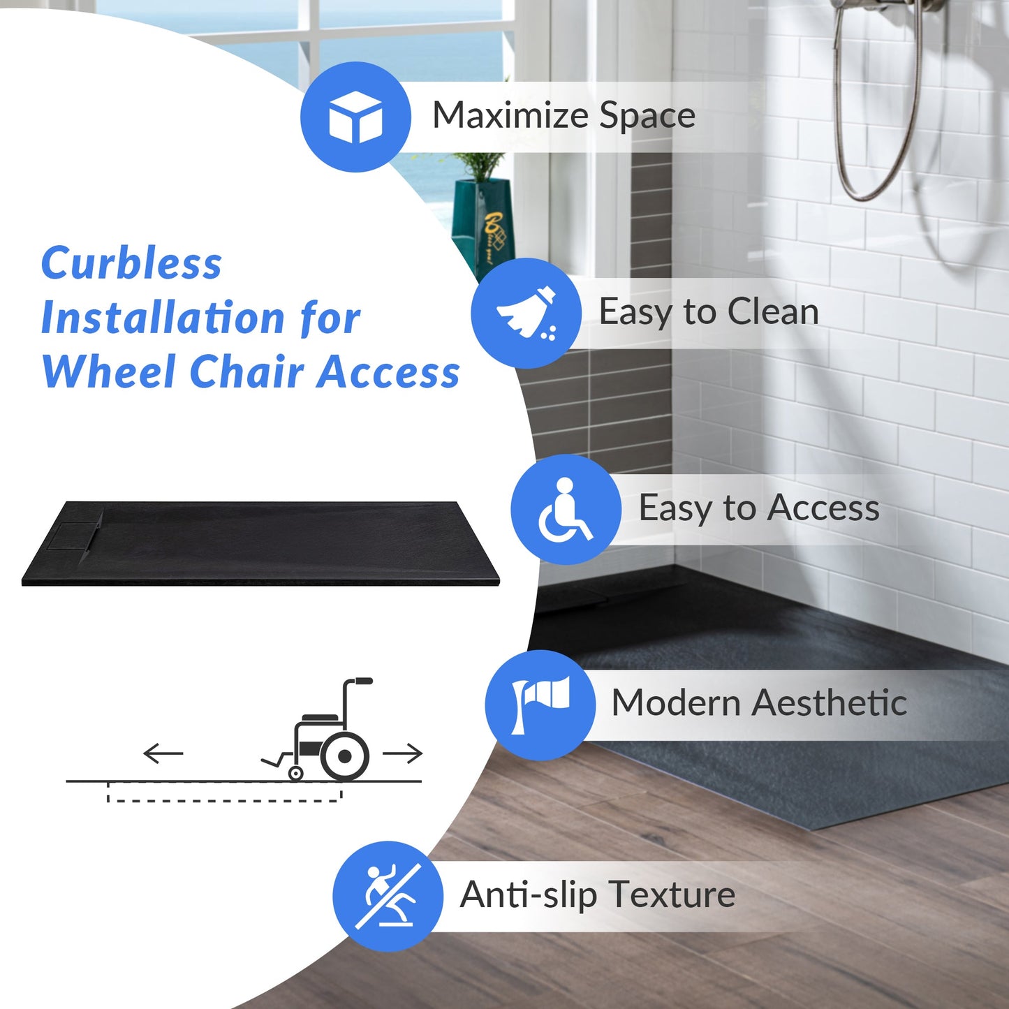 WOODBRIDGE 47.5 in L x 31.5 in W Zero Threshold End Drain Shower Base with Reversible Drain Placement, Matching Decorative Drain Plate and Tile Flange, Wheel Chair Access, Low Profile