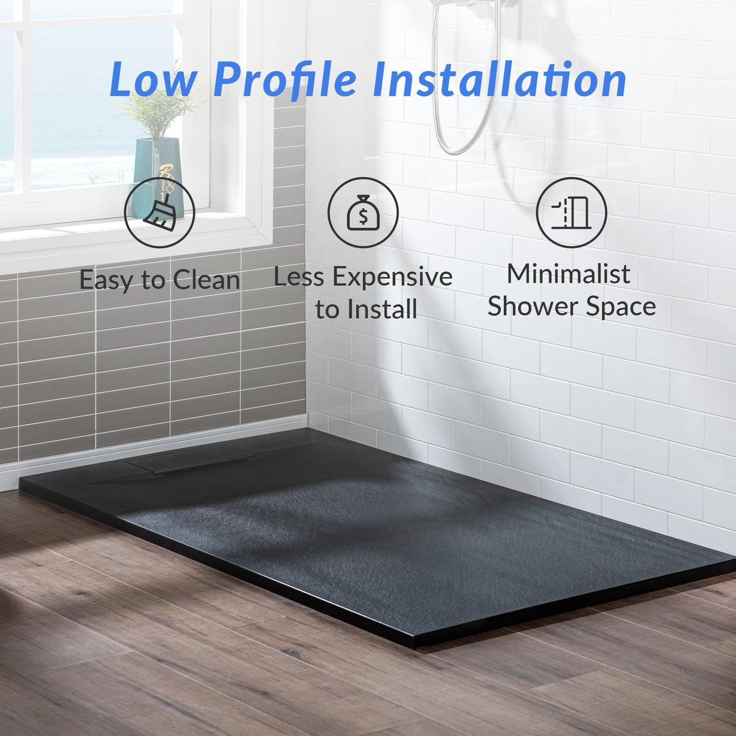 WOODBRIDGE 47.5 in L x 31.5 in W Zero Threshold End Drain Shower Base with Reversible Drain Placement, Matching Decorative Drain Plate and Tile Flange, Wheel Chair Access, Low Profile