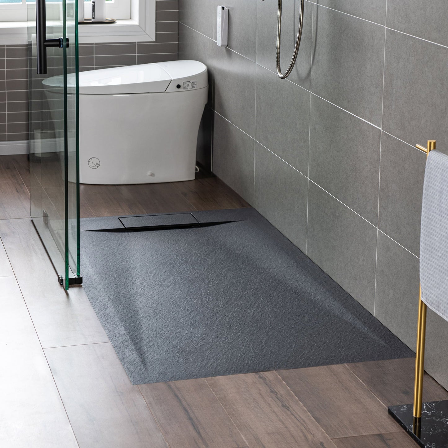 WOODBRIDGE 47.5 in L x 31.5 in W Zero Threshold End Drain Shower Base with Reversible Drain Placement, Matching Decorative Drain Plate and Tile Flange, Wheel Chair Access, Low Profile