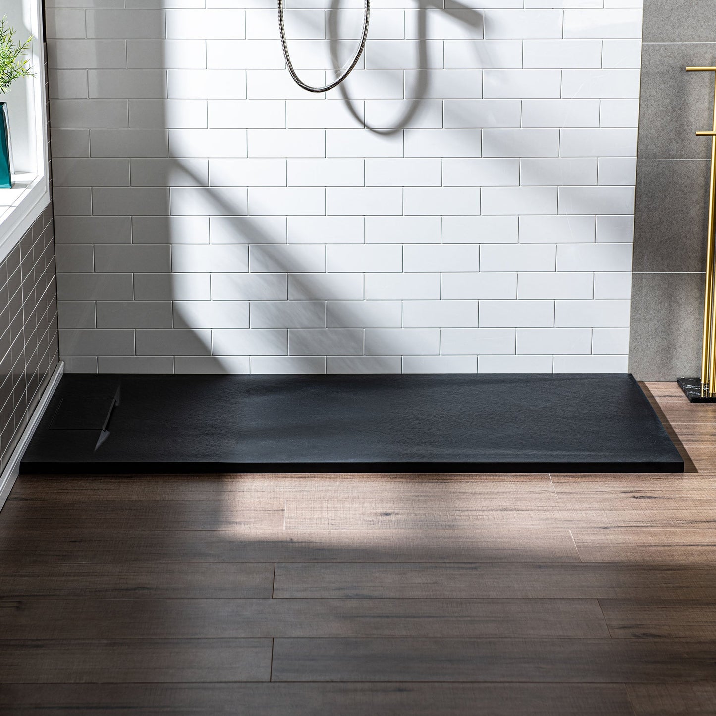 WOODBRIDGE 47.5 in L x 31.5 in W Zero Threshold End Drain Shower Base with Reversible Drain Placement, Matching Decorative Drain Plate and Tile Flange, Wheel Chair Access, Low Profile