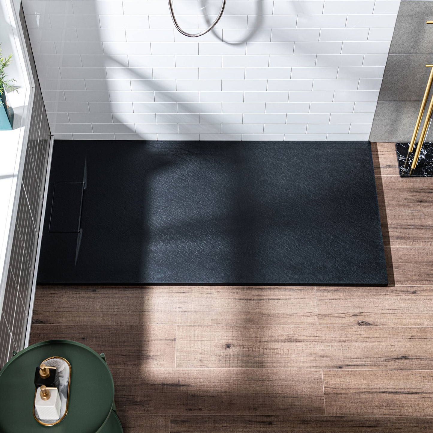 WOODBRIDGE 47.5 in L x 31.5 in W Zero Threshold End Drain Shower Base with Reversible Drain Placement, Matching Decorative Drain Plate and Tile Flange, Wheel Chair Access, Low Profile