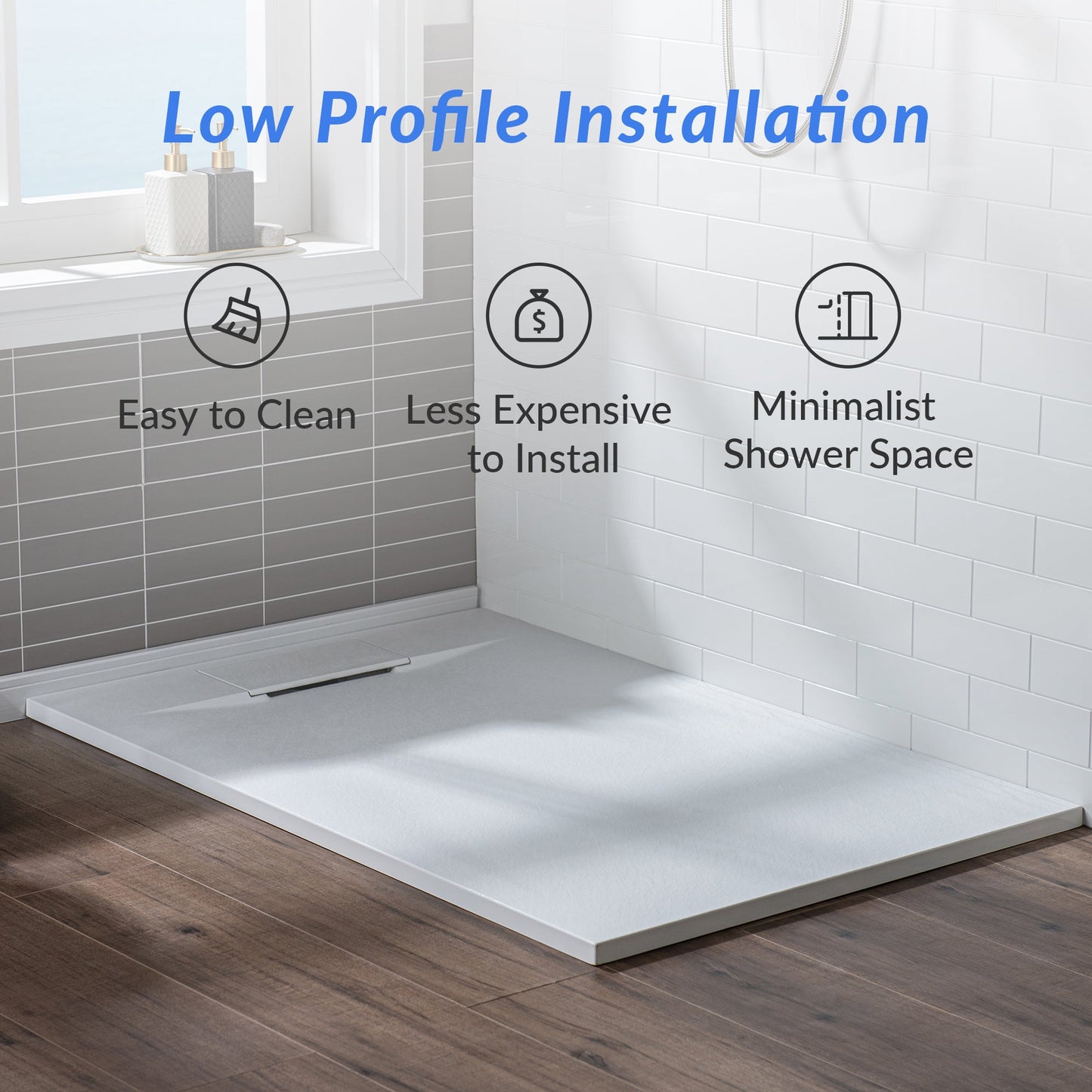 WOODBRIDGE 60 in L x 35.4 in W Zero Threshold End Drain Shower Base with Reversible Drain Placement, Matching Decorative Drain Plate and Tile Flange, Wheel Chair Access, Low Profile