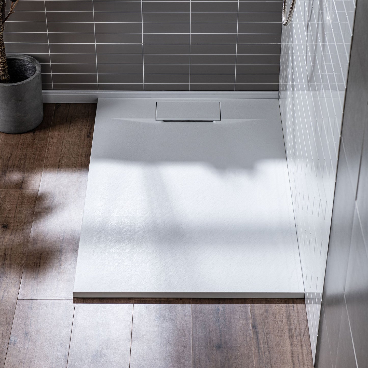 WOODBRIDGE 60 in L x 35.4 in W Zero Threshold End Drain Shower Base with Reversible Drain Placement, Matching Decorative Drain Plate and Tile Flange, Wheel Chair Access, Low Profile