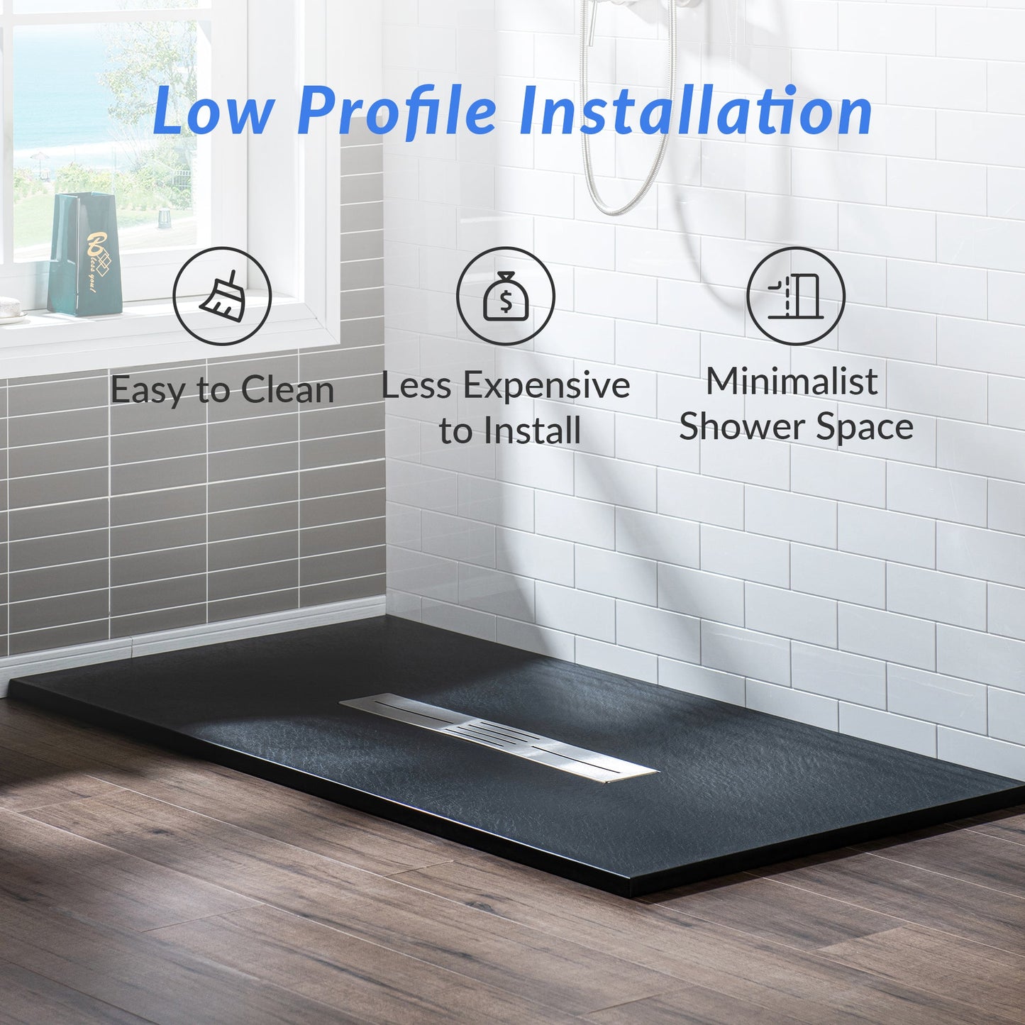 WOODBRIDGE 47.5 in L x 35.4 in W Zero Threshold End Drain Shower Base with Center Drain Placement, Matching Decorative Drain Plate and Tile Flange, Wheel Chair Access, Low Profile