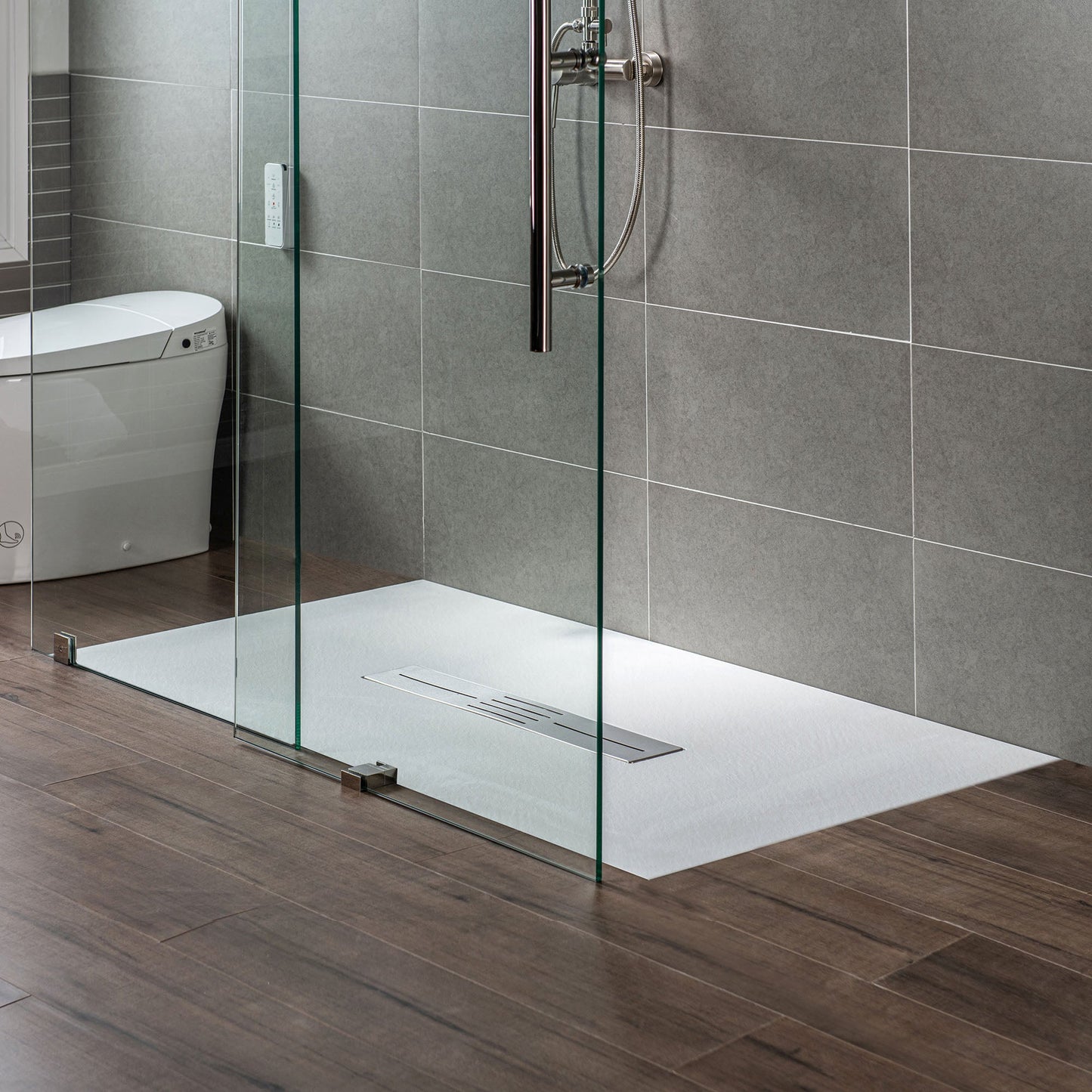 WOODBRIDGE 59 in L x 35.4 in W Zero Threshold End Drain Shower Base with Center Drain Placement, Matching Decorative Drain Plate and Tile Flange, Wheel Chair Access, Low Profile