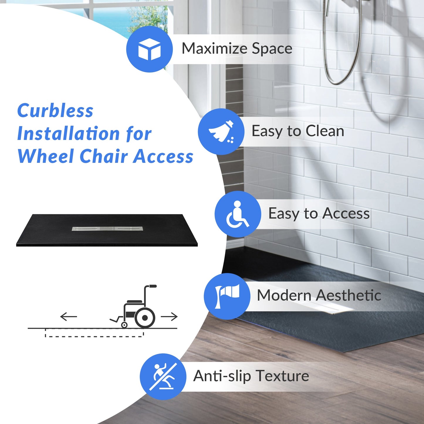 WOODBRIDGE 59 in L x 35.4 in W Zero Threshold End Drain Shower Base with Center Drain Placement, Matching Decorative Drain Plate and Tile Flange, Wheel Chair Access, Low Profile