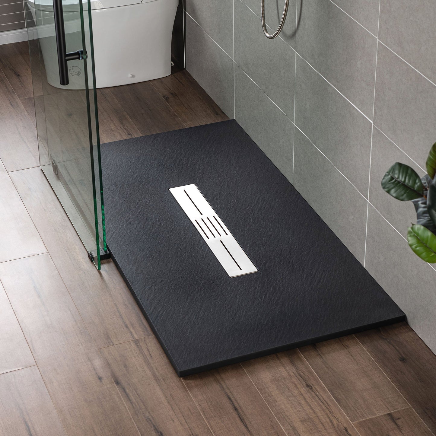 WOODBRIDGE 59 in L x 35.4 in W Zero Threshold End Drain Shower Base with Center Drain Placement, Matching Decorative Drain Plate and Tile Flange, Wheel Chair Access, Low Profile