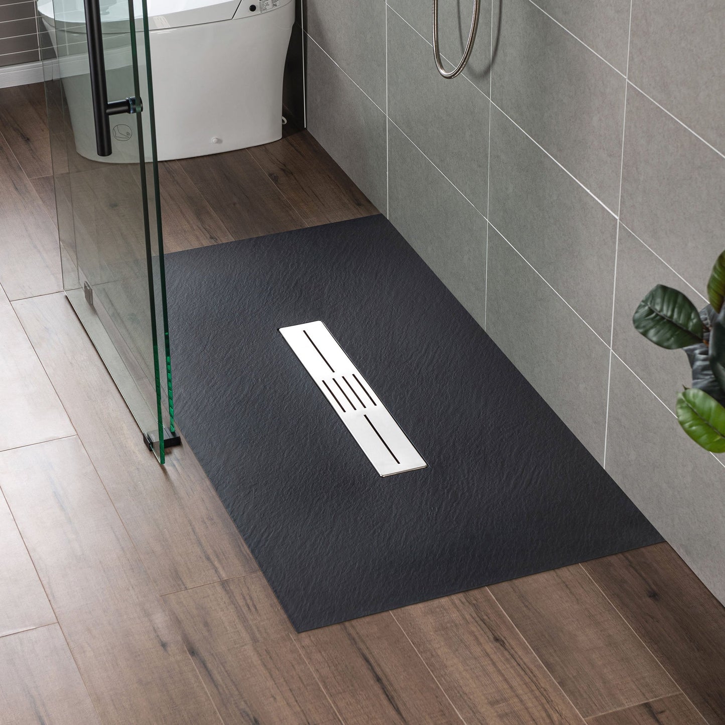 WOODBRIDGE 59 in L x 35.4 in W Zero Threshold End Drain Shower Base with Center Drain Placement, Matching Decorative Drain Plate and Tile Flange, Wheel Chair Access, Low Profile