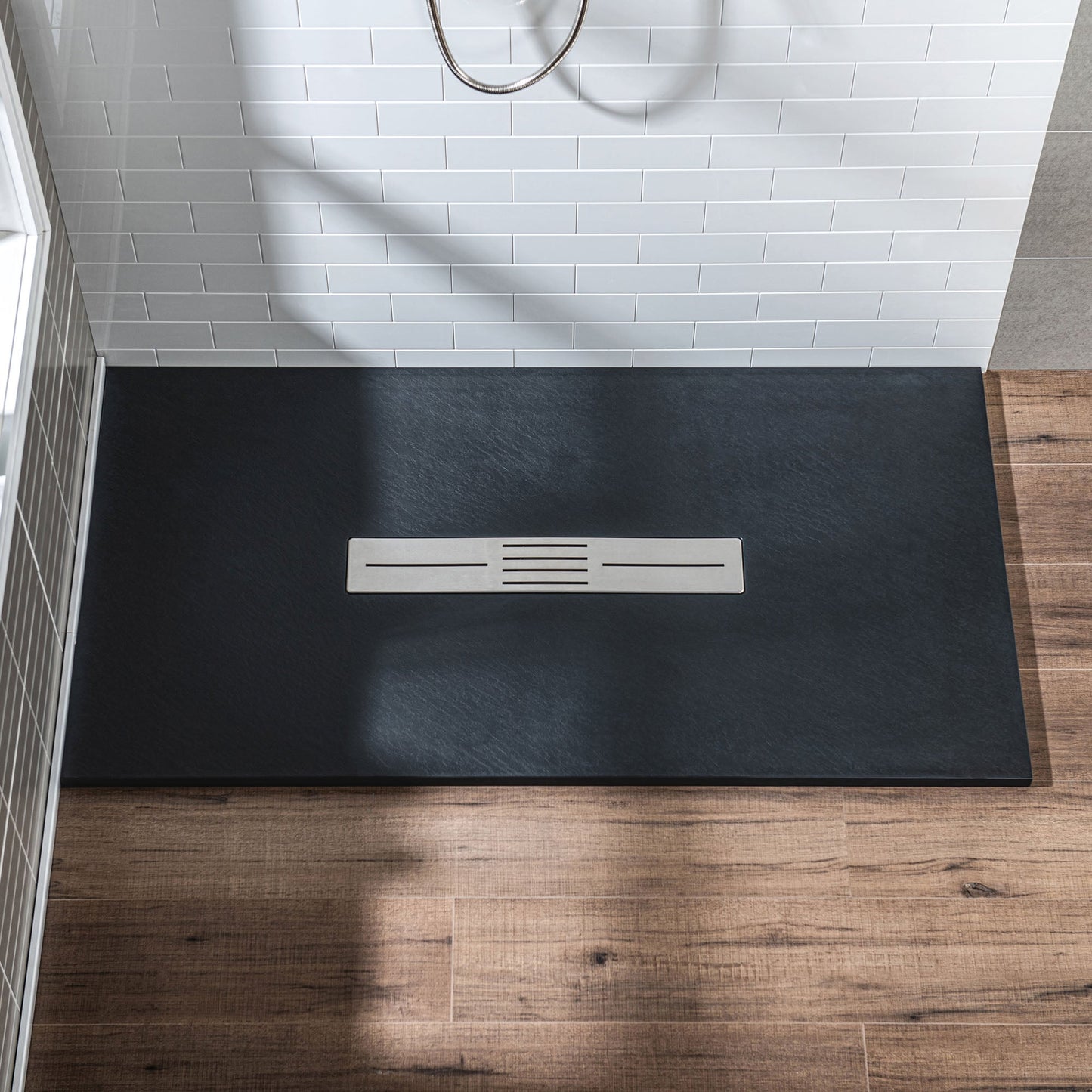 WOODBRIDGE 59 in L x 35.4 in W Zero Threshold End Drain Shower Base with Center Drain Placement, Matching Decorative Drain Plate and Tile Flange, Wheel Chair Access, Low Profile