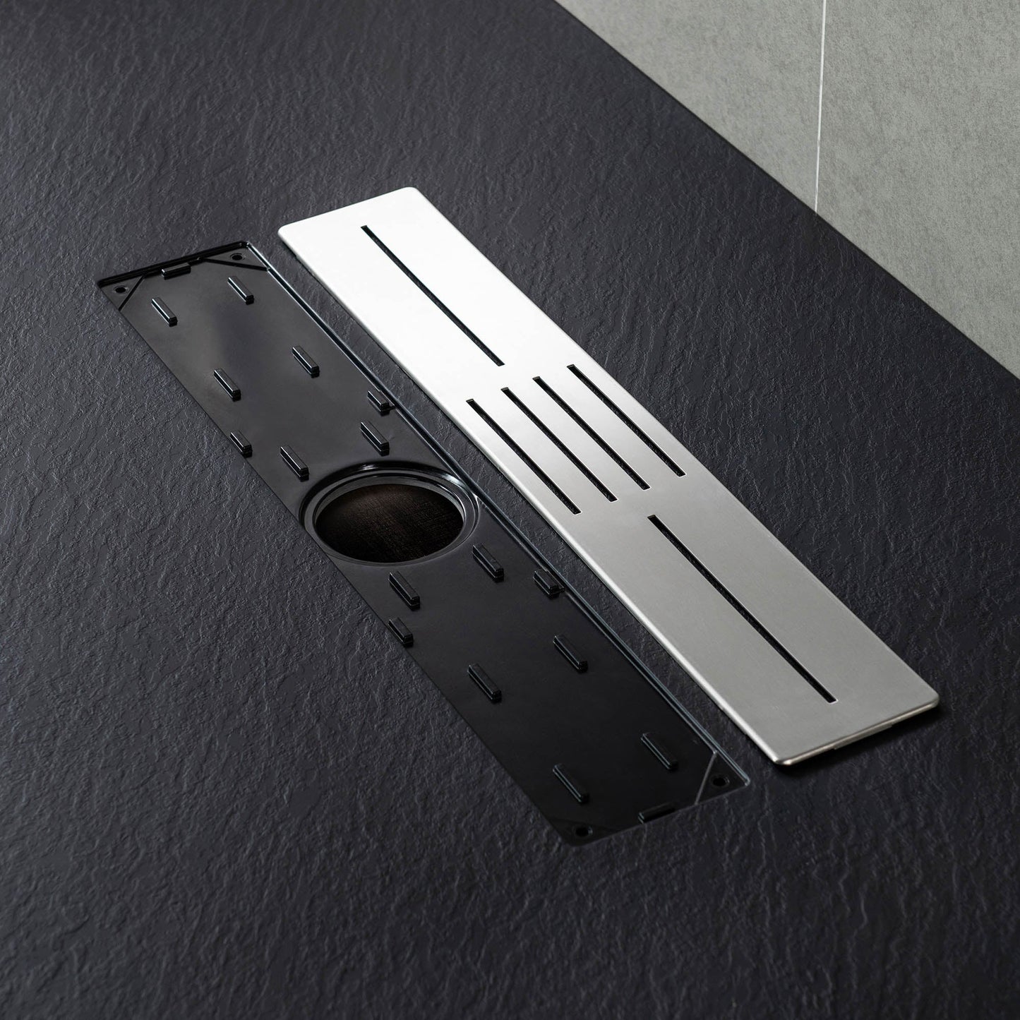 WOODBRIDGE 59 in L x 35.4 in W Zero Threshold End Drain Shower Base with Center Drain Placement, Matching Decorative Drain Plate and Tile Flange, Wheel Chair Access, Low Profile