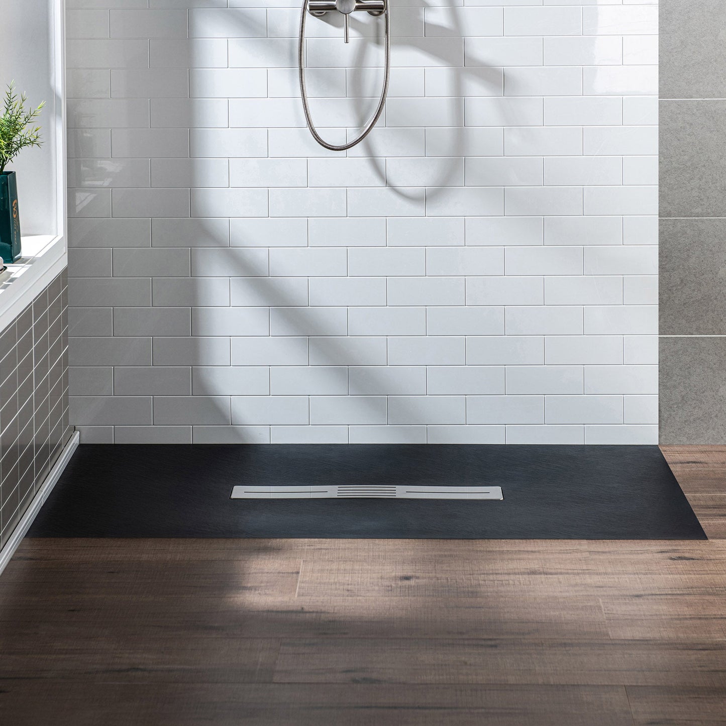 WOODBRIDGE 59 in L x 35.4 in W Zero Threshold End Drain Shower Base with Center Drain Placement, Matching Decorative Drain Plate and Tile Flange, Wheel Chair Access, Low Profile
