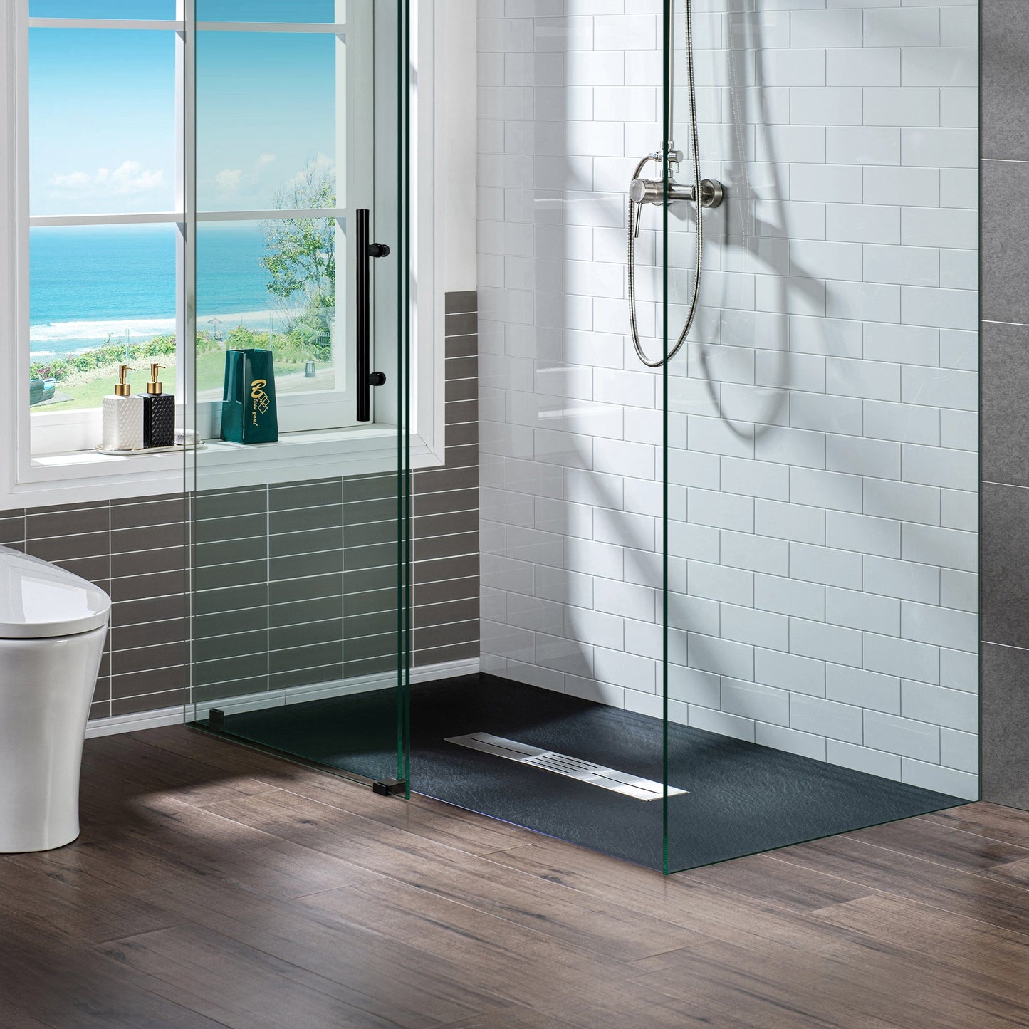 WOODBRIDGE 47.5 in L x 35.4 in W Zero Threshold End Drain Shower Base with Center Drain Placement, Matching Decorative Drain Plate and Tile Flange, Wheel Chair Access, Low Profile