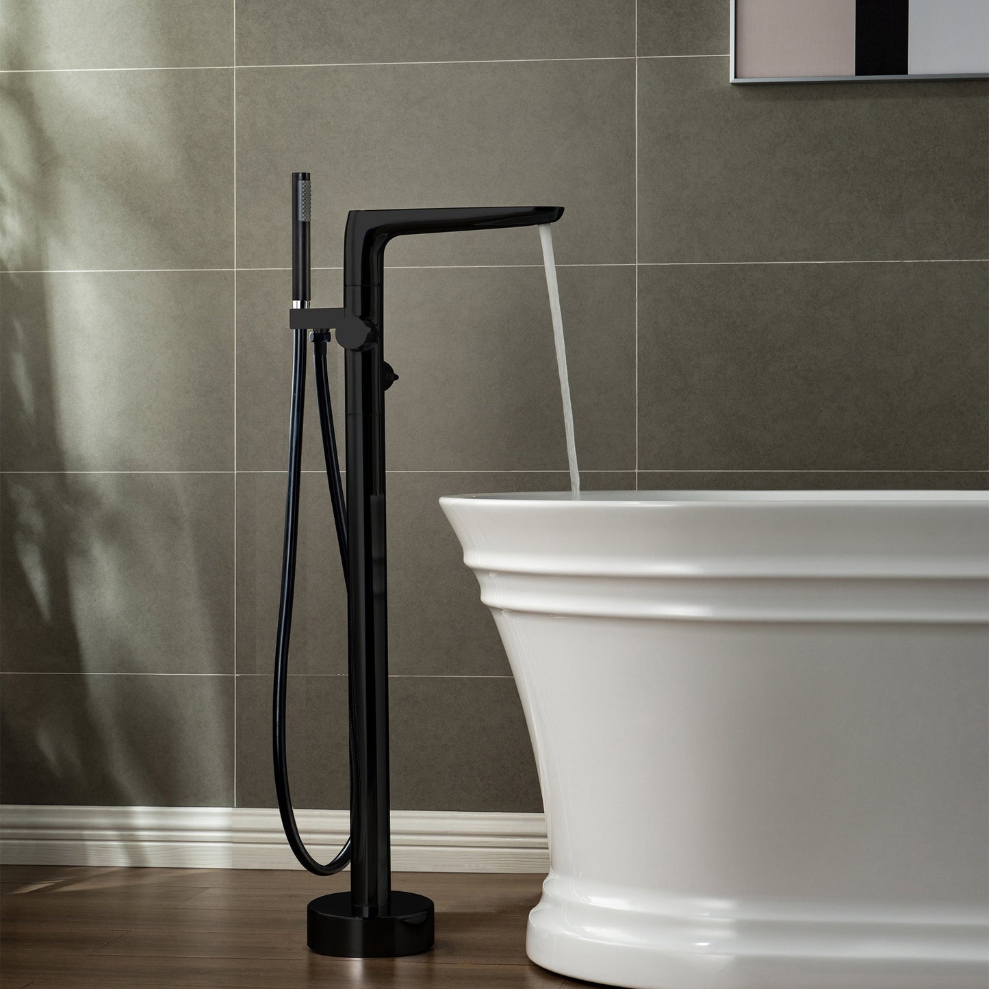 WOODBRIDGE F0014BN Contemporary Single Handle Floor Mount Freestanding Tub Filler Faucet with Hand shower