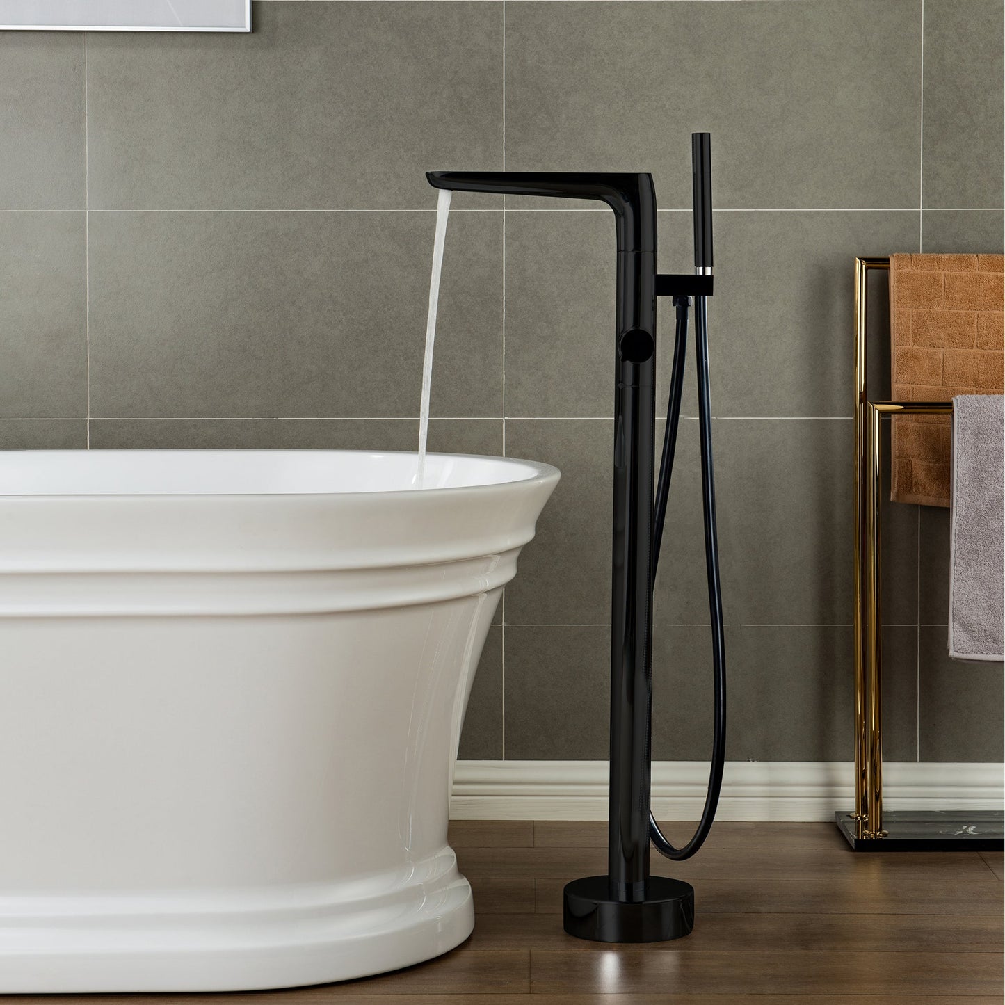 WOODBRIDGE F0014BN Contemporary Single Handle Floor Mount Freestanding Tub Filler Faucet with Hand shower