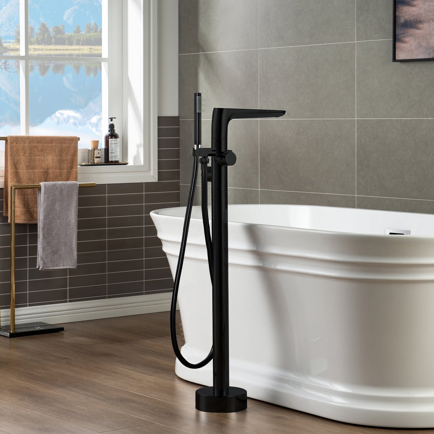 WOODBRIDGE F0014BN Contemporary Single Handle Floor Mount Freestanding Tub Filler Faucet with Hand shower
