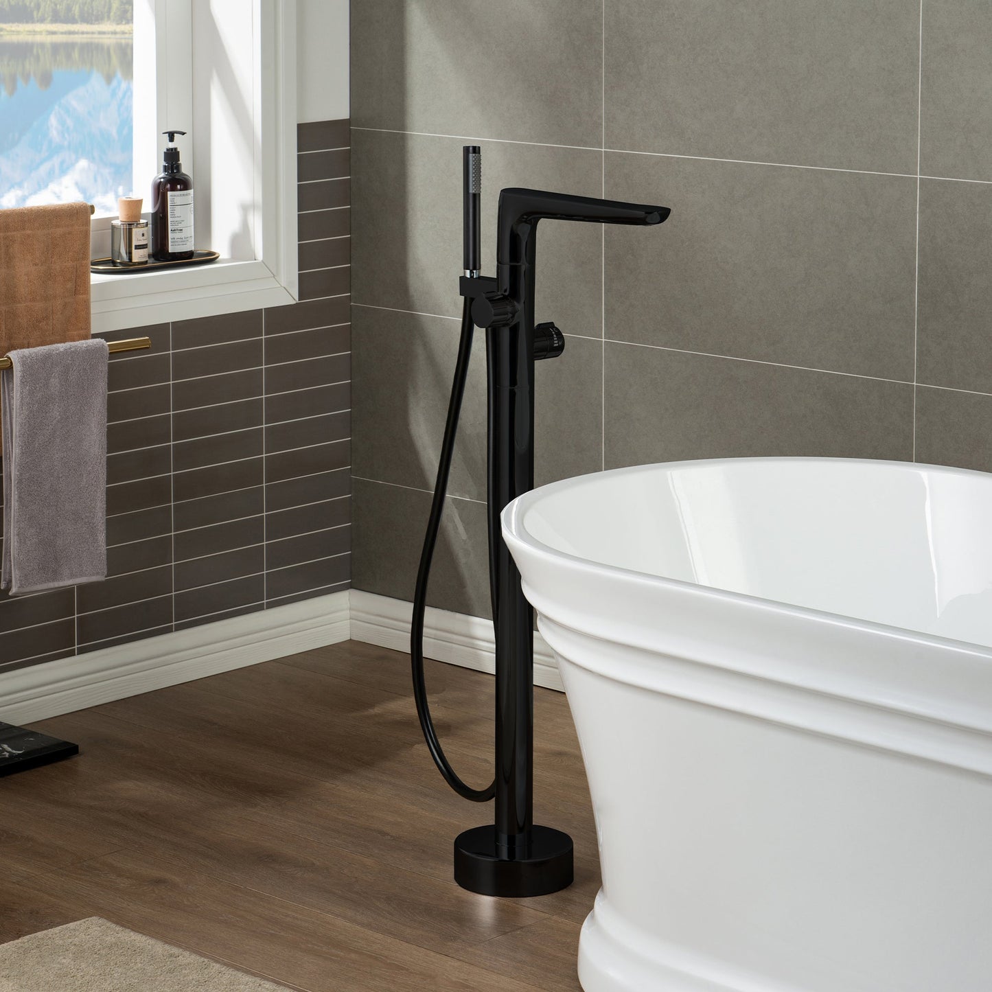 WOODBRIDGE F0014BN Contemporary Single Handle Floor Mount Freestanding Tub Filler Faucet with Hand shower