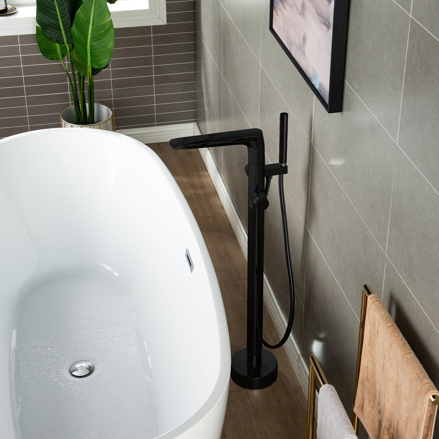 WOODBRIDGE F0014BN Contemporary Single Handle Floor Mount Freestanding Tub Filler Faucet with Hand shower