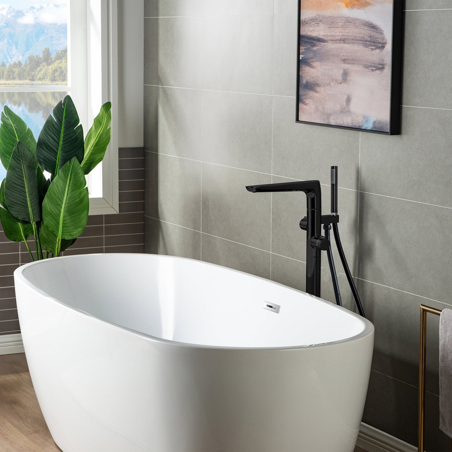 WOODBRIDGE F0014BN Contemporary Single Handle Floor Mount Freestanding Tub Filler Faucet with Hand shower