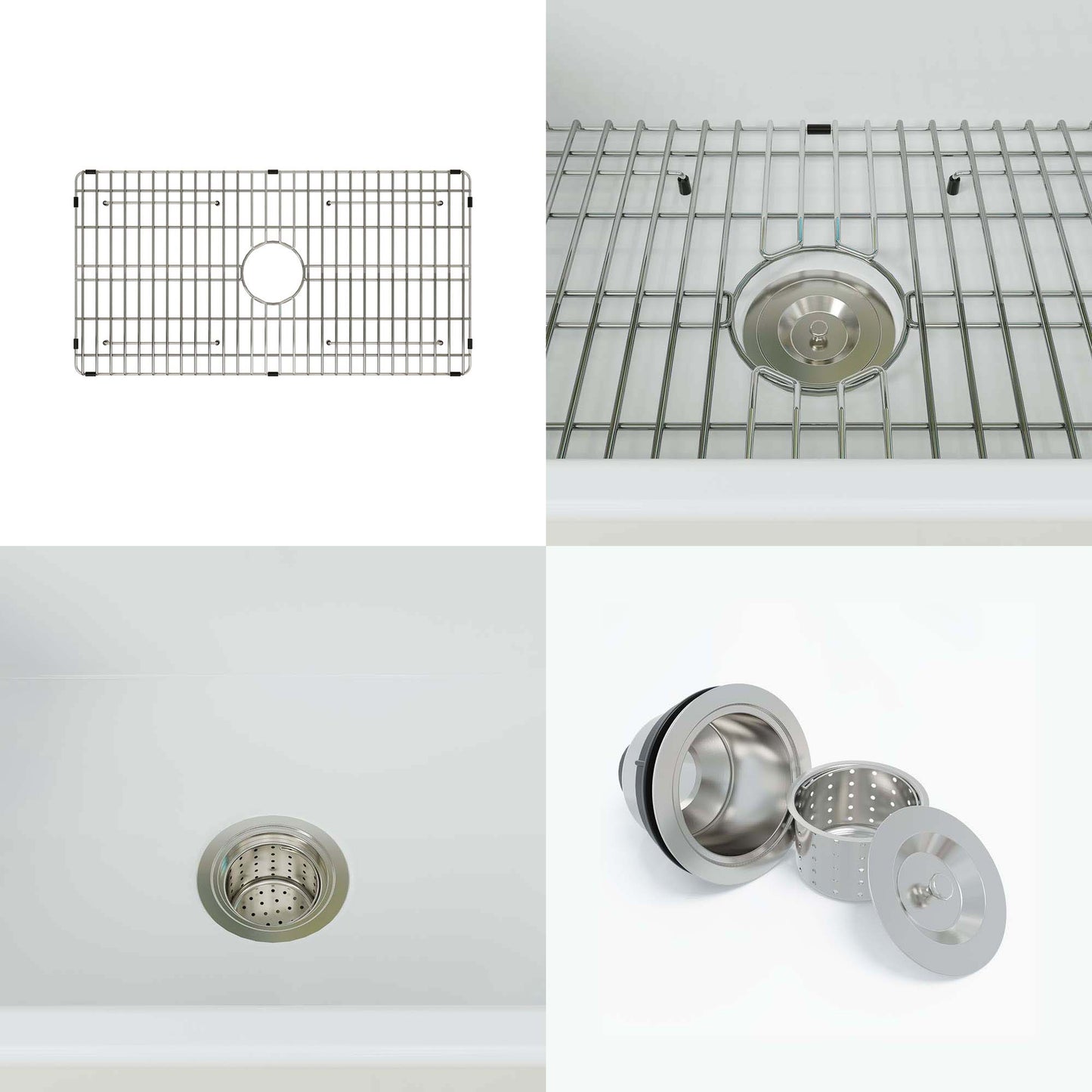 WOODBRIDGE 33" X 18" White Fireclay Single Bowl Farmhouse Apron Front Kitchen Sink with Strainers and Sink Protector Grid