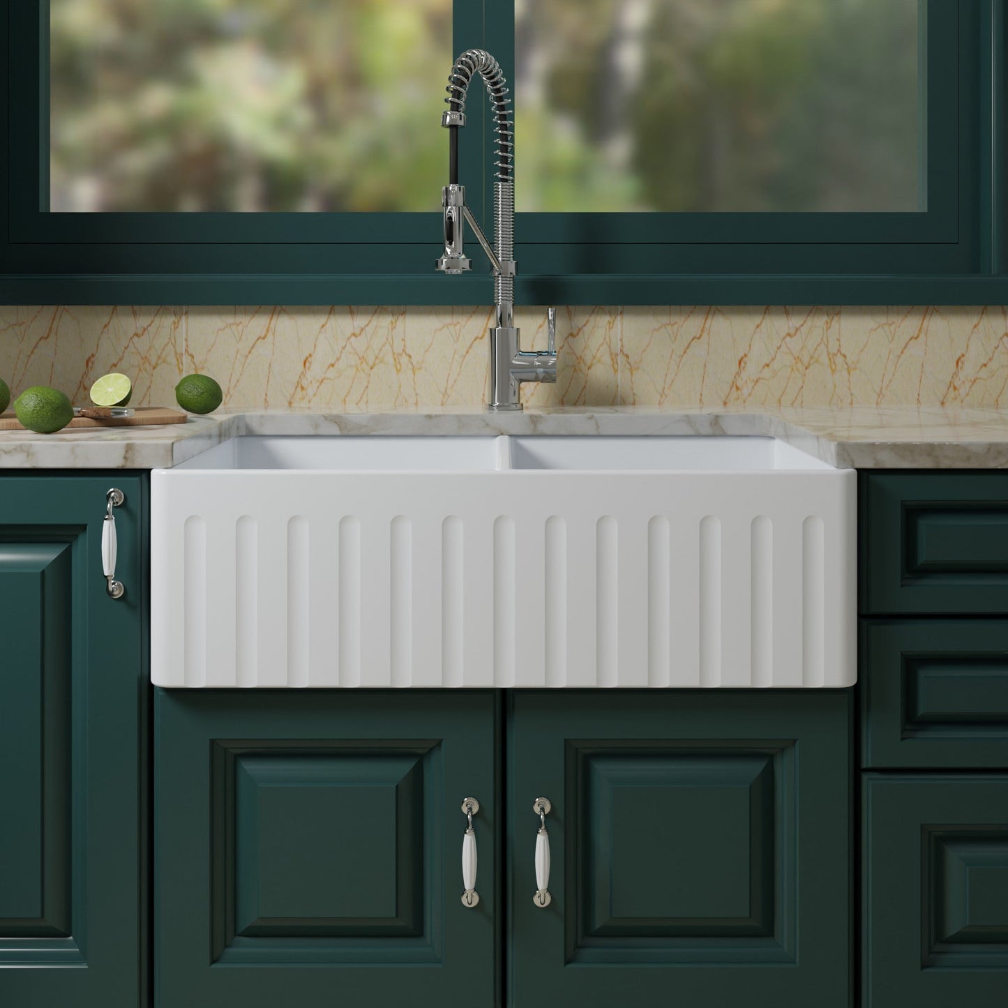 WOODBRIDGE 33" X 18" White Fireclay Double Bowl Farmhouse Apron Front Kitchen Sink with Strainers and Sink Protector Grid