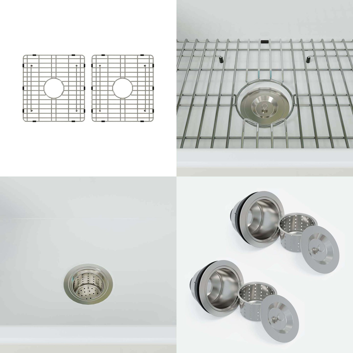 WOODBRIDGE 33" X 18" White Fireclay Double Bowl Farmhouse Apron Front Kitchen Sink with Strainers and Sink Protector Grid