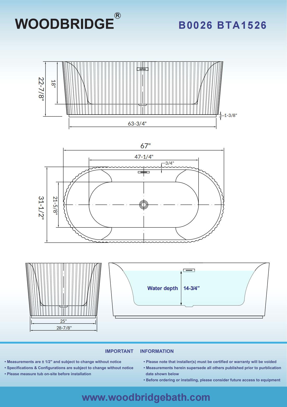 WOODBRIDGE 67" L x 31-1/2" W Freestanding Contemporary Soaking Bathtub