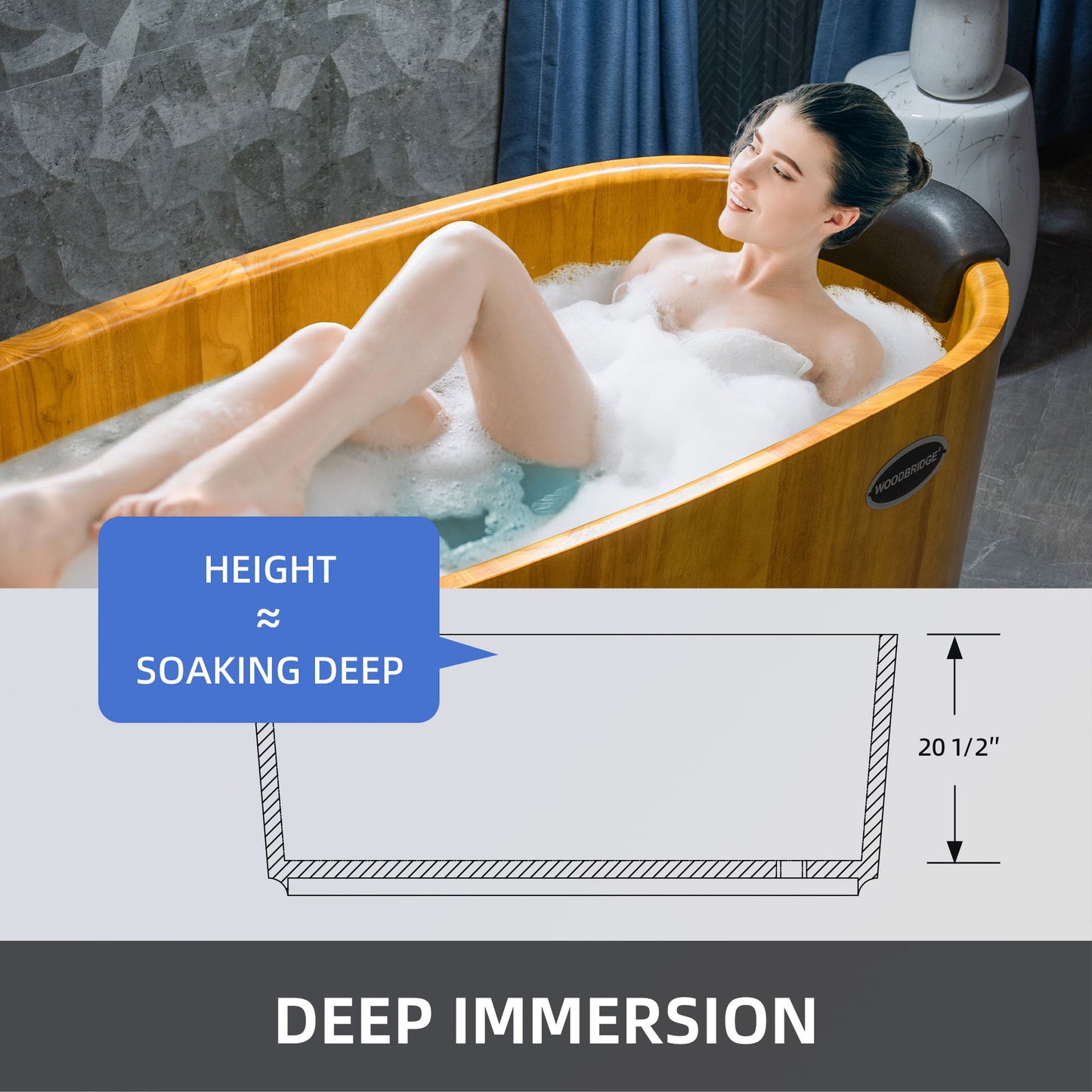 WOODBRIDGE 59" Freestanding Handcrafted Natural Wood Soaking Bathtub