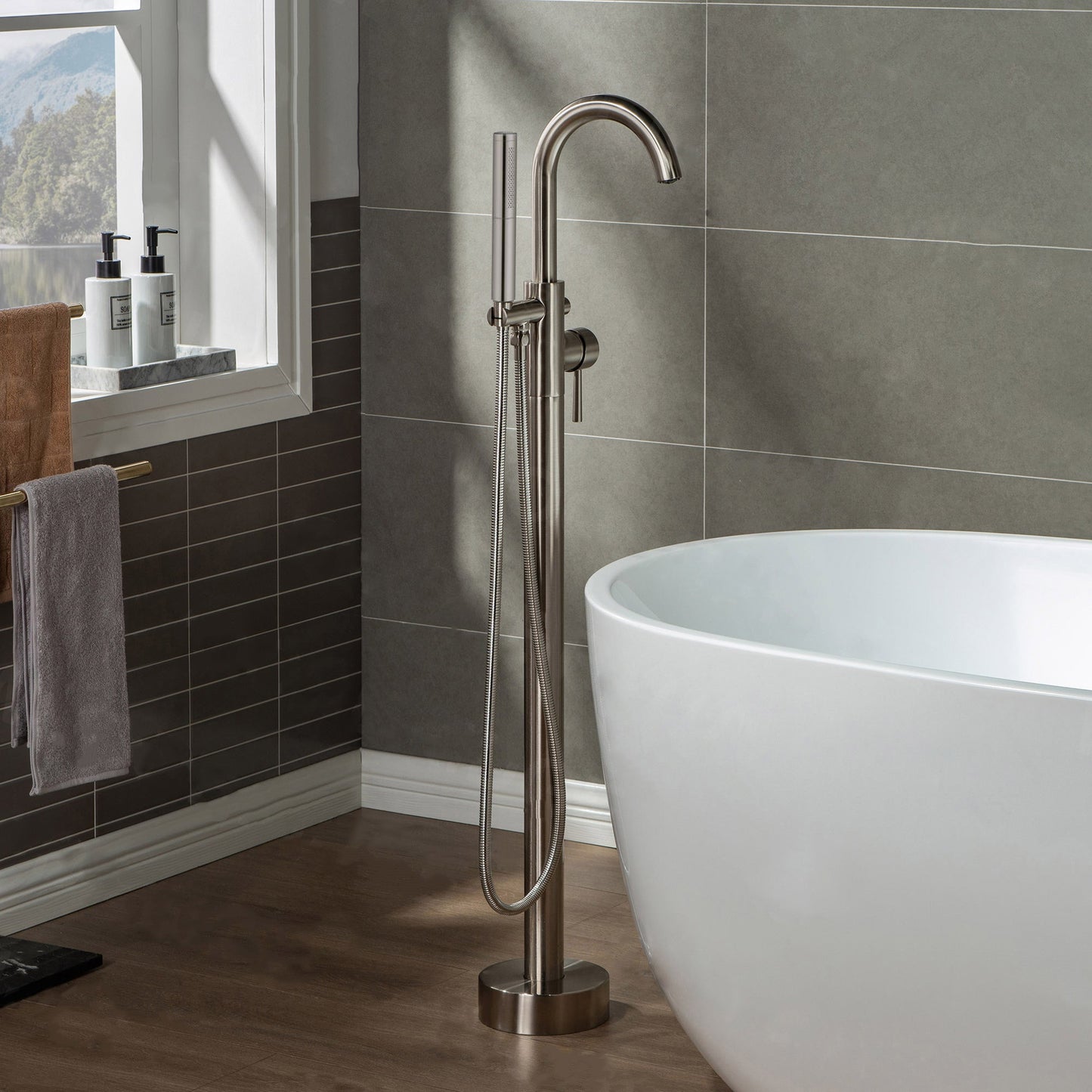 WOODBRIDGE F0001BNDR Contemporary Single Handle Floor Mount Freestanding Tub Filler Faucet with Hand shower