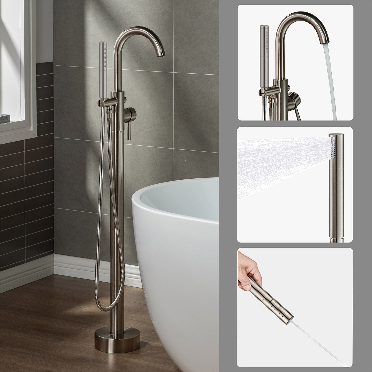 WOODBRIDGE F0001BNDR Contemporary Single Handle Floor Mount Freestanding Tub Filler Faucet with Hand shower