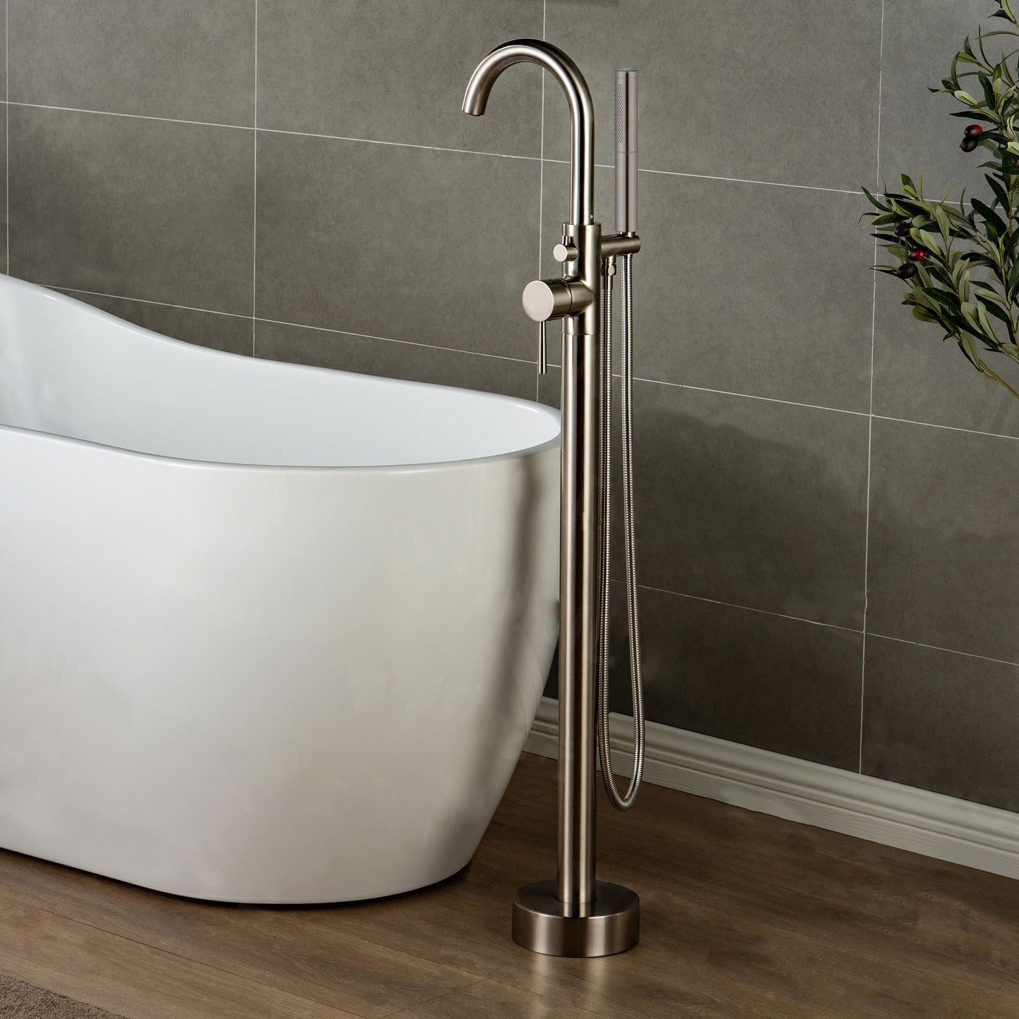 WOODBRIDGE F0001BNDR Contemporary Single Handle Floor Mount Freestanding Tub Filler Faucet with Hand shower