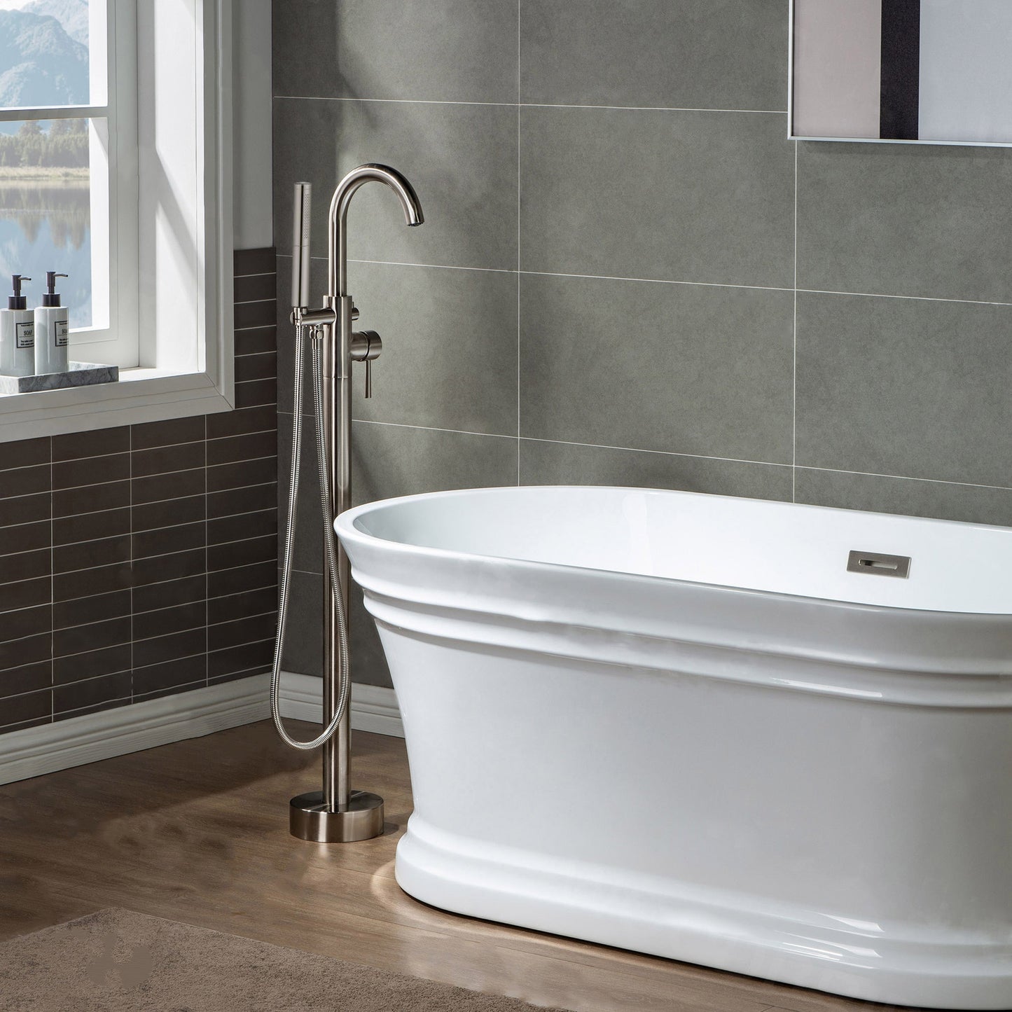 WOODBRIDGE F0001BNDR Contemporary Single Handle Floor Mount Freestanding Tub Filler Faucet with Hand shower