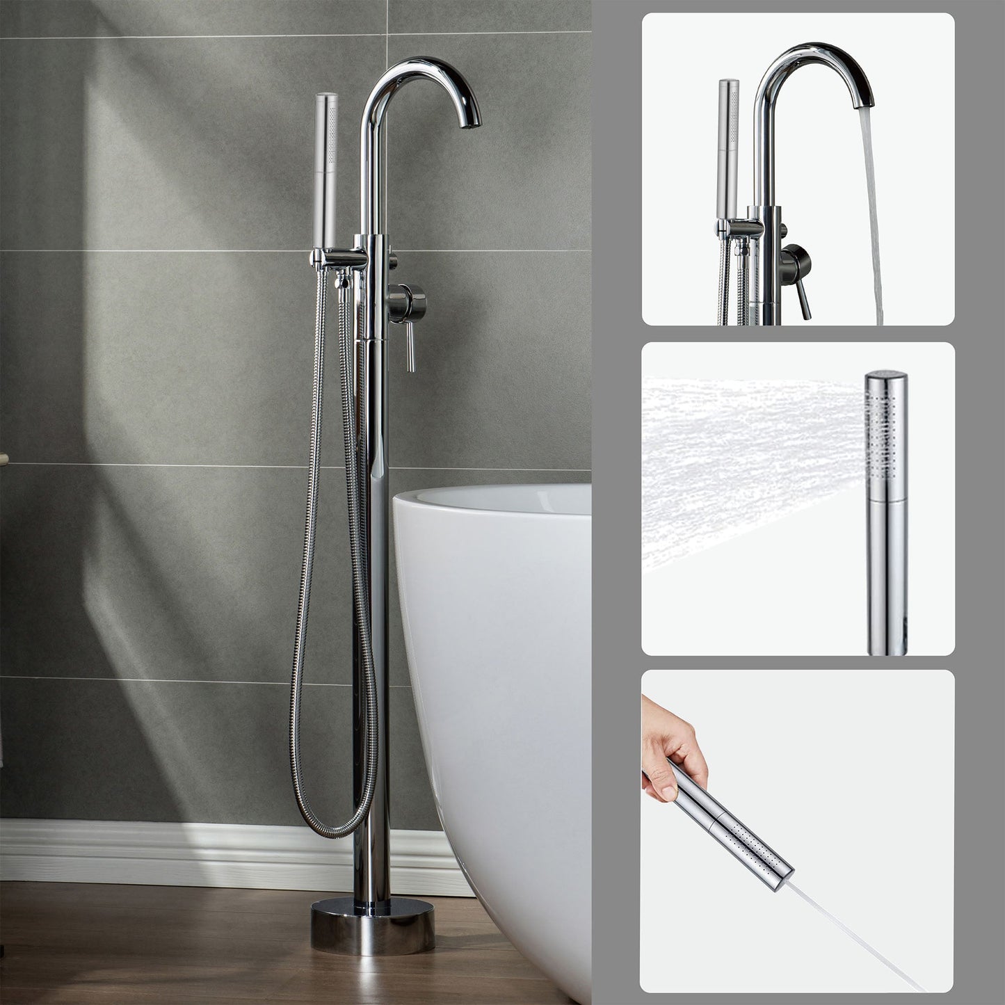 WOODBRIDGE F0001BNDR Contemporary Single Handle Floor Mount Freestanding Tub Filler Faucet with Hand shower