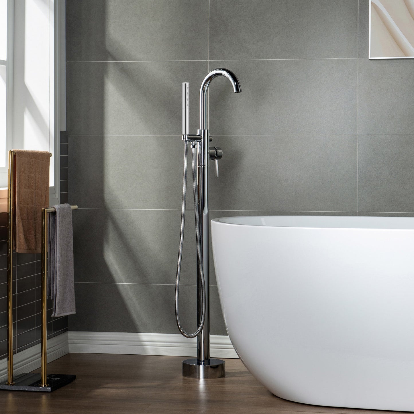 WOODBRIDGE F0001BNDR Contemporary Single Handle Floor Mount Freestanding Tub Filler Faucet with Hand shower