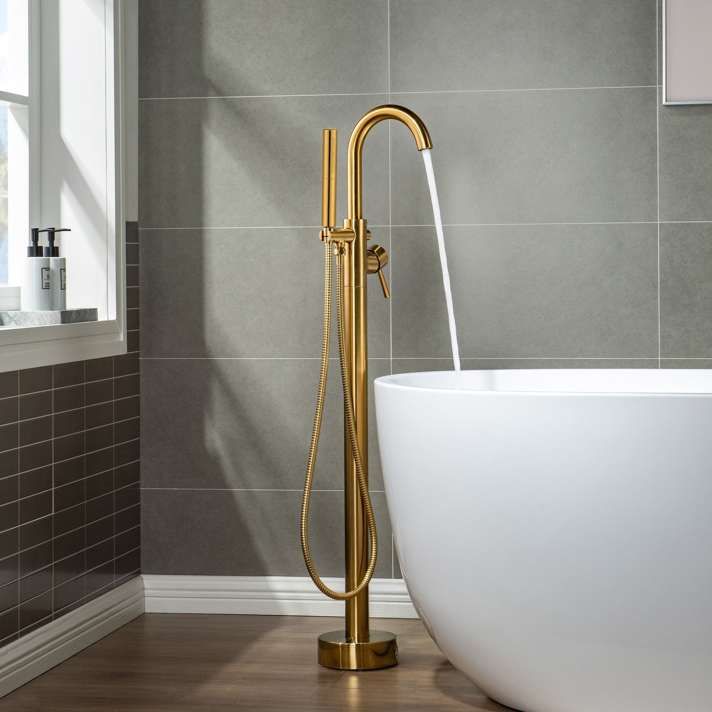 WOODBRIDGE F0001BNDR Contemporary Single Handle Floor Mount Freestanding Tub Filler Faucet with Hand shower