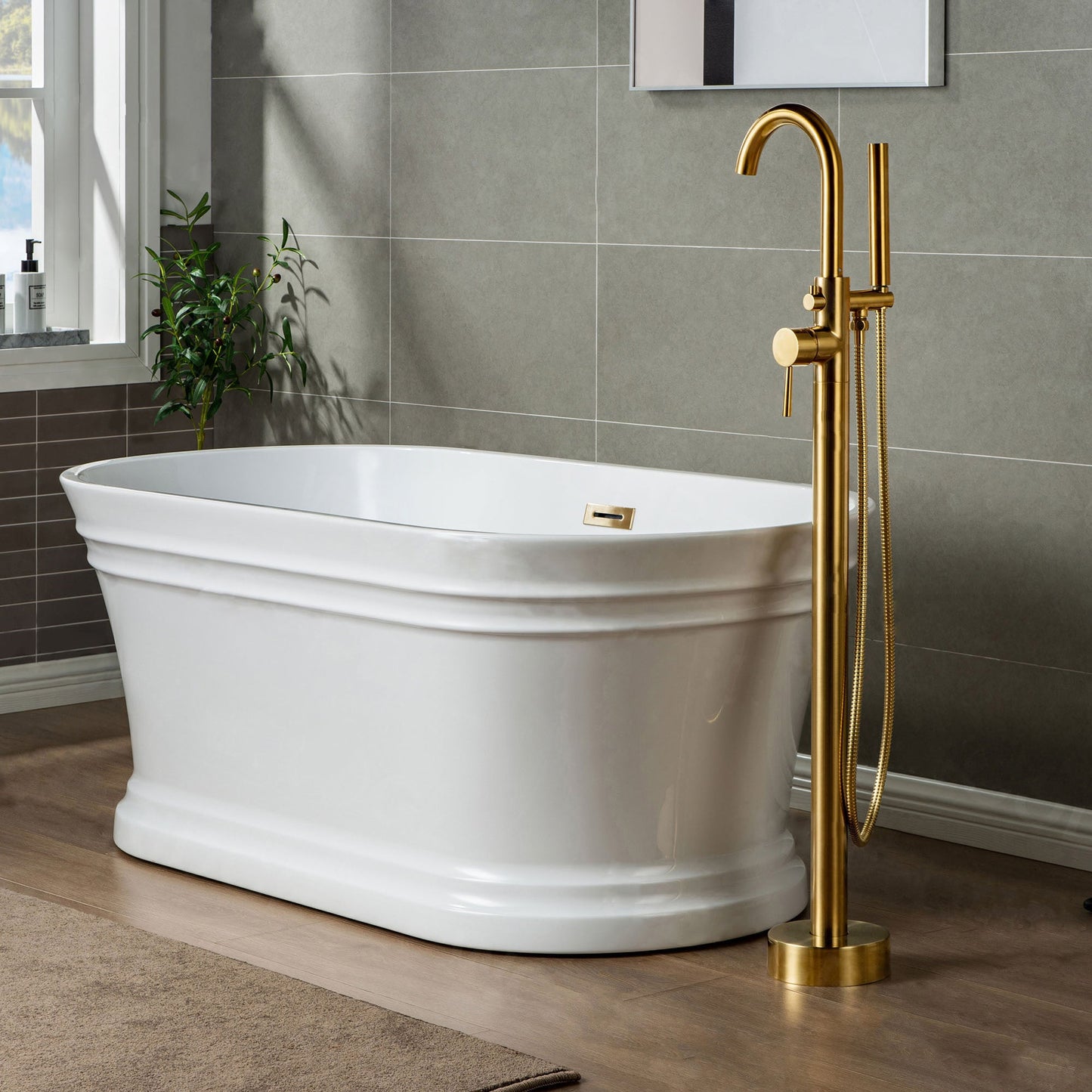 WOODBRIDGE F0001BNDR Contemporary Single Handle Floor Mount Freestanding Tub Filler Faucet with Hand shower