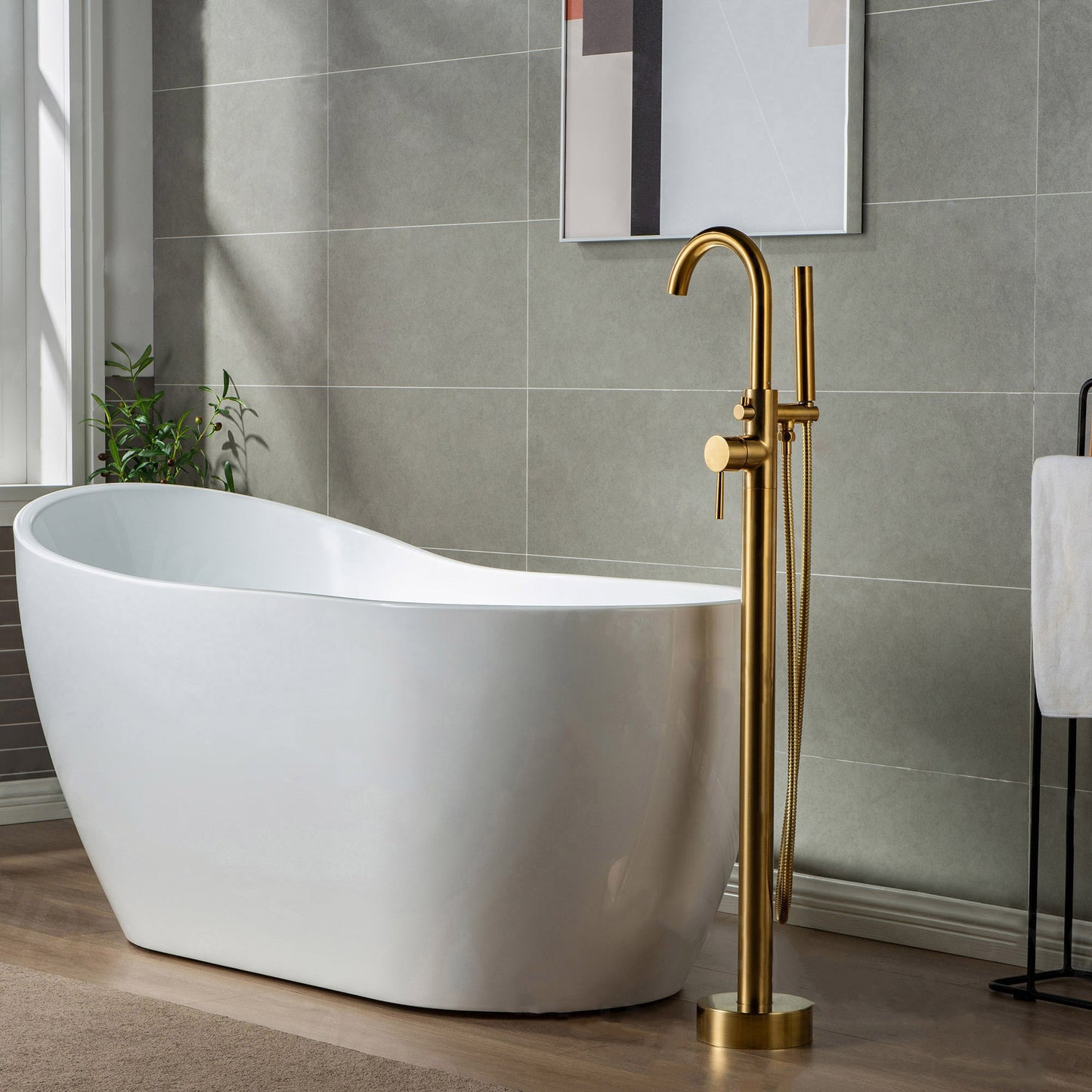 WOODBRIDGE F0001BNDR Contemporary Single Handle Floor Mount Freestanding Tub Filler Faucet with Hand shower