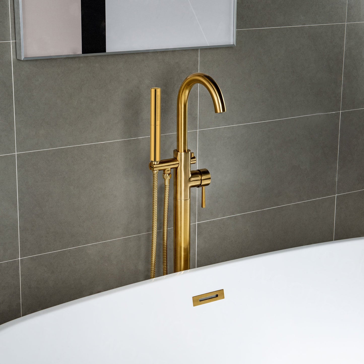 WOODBRIDGE F0001BNDR Contemporary Single Handle Floor Mount Freestanding Tub Filler Faucet with Hand shower