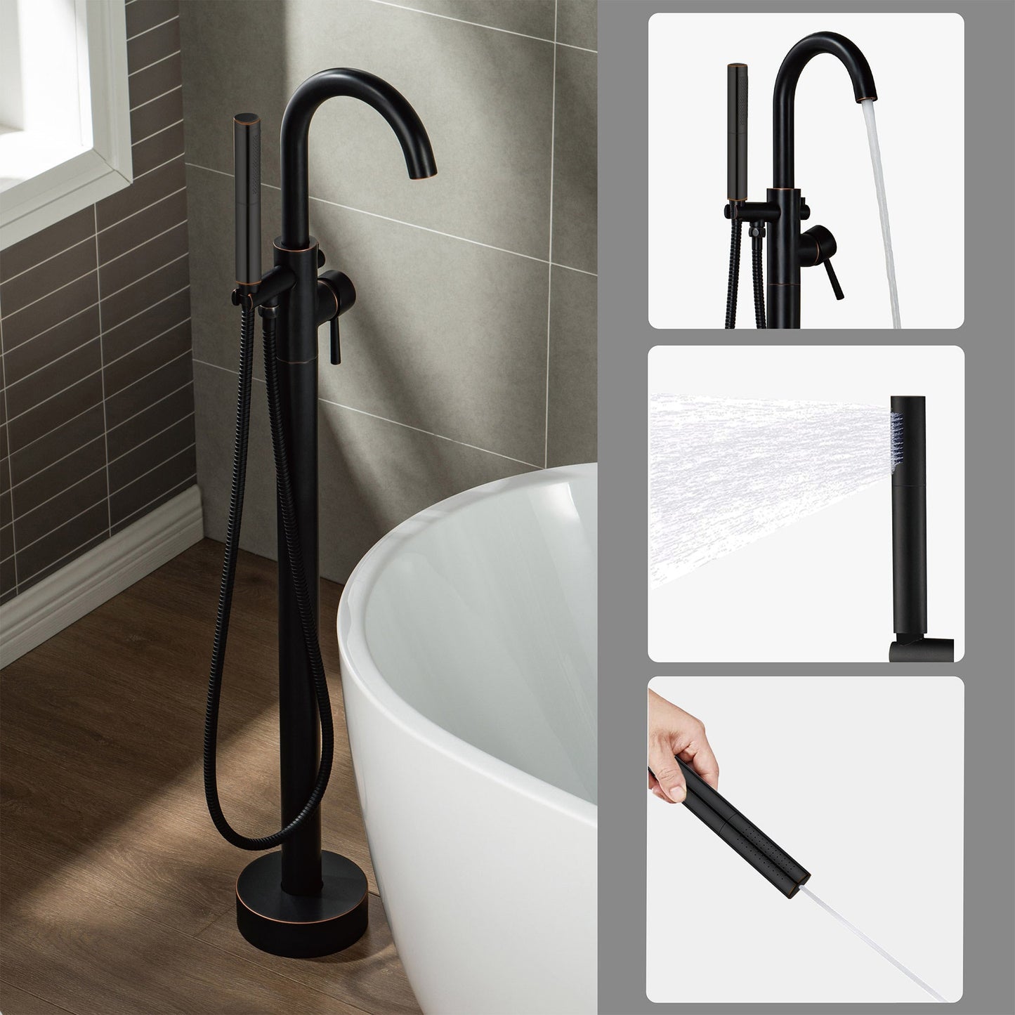 WOODBRIDGE F0001BNDR Contemporary Single Handle Floor Mount Freestanding Tub Filler Faucet with Hand shower
