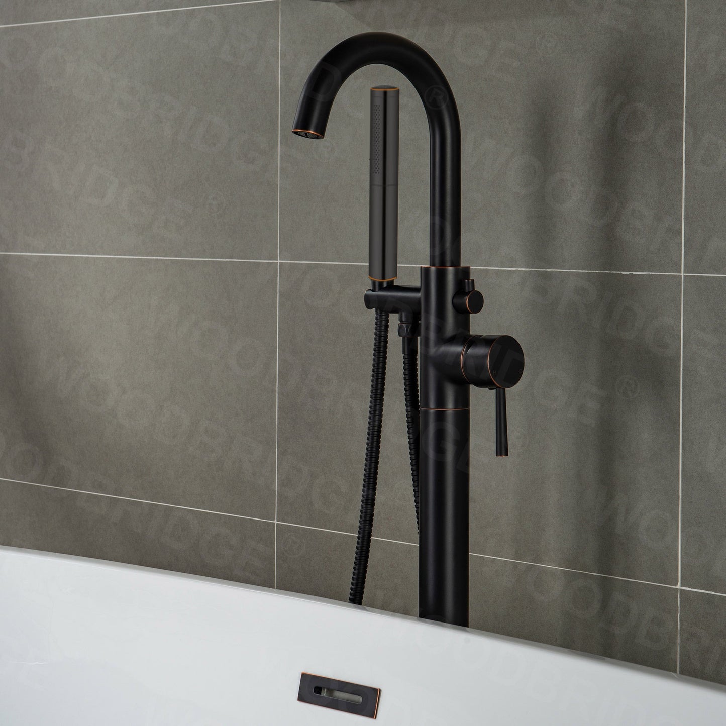 WOODBRIDGE F0001BNDR Contemporary Single Handle Floor Mount Freestanding Tub Filler Faucet with Hand shower
