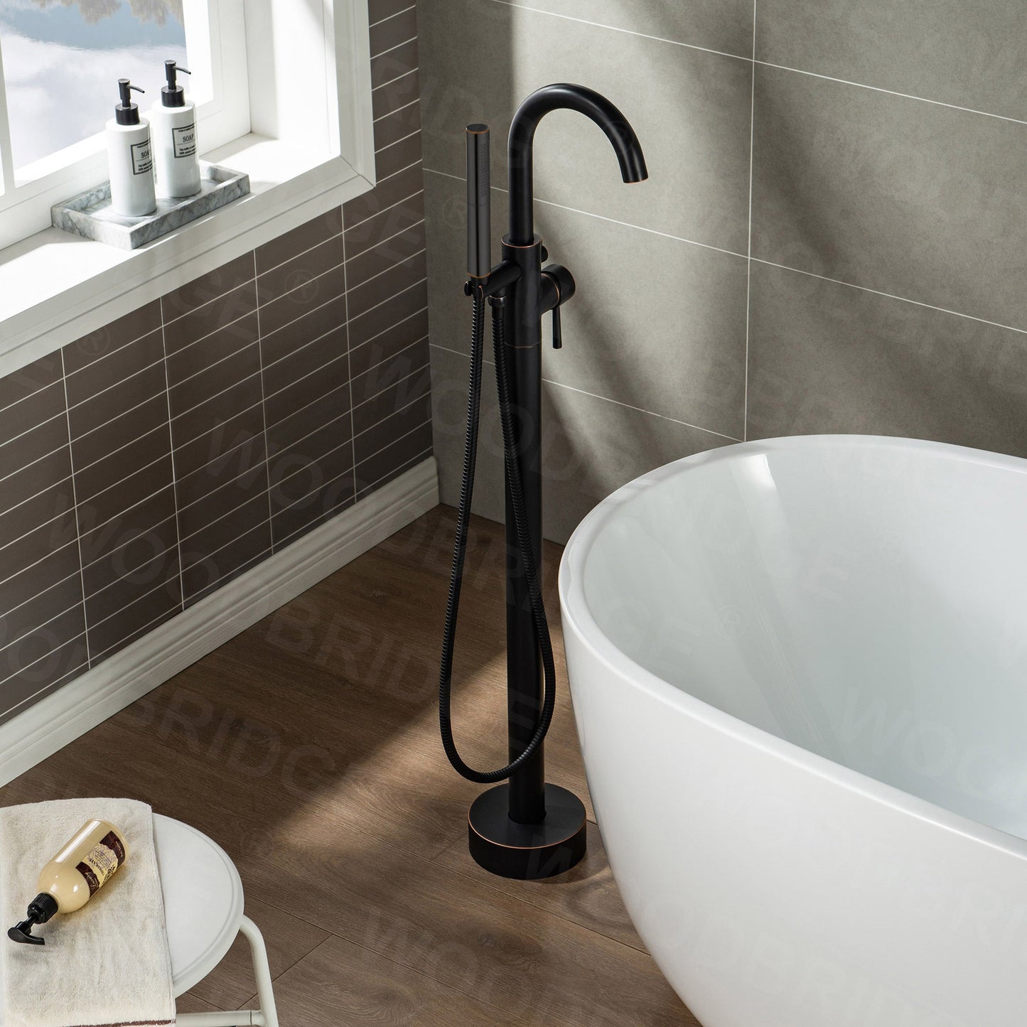 WOODBRIDGE F0001BNDR Contemporary Single Handle Floor Mount Freestanding Tub Filler Faucet with Hand shower