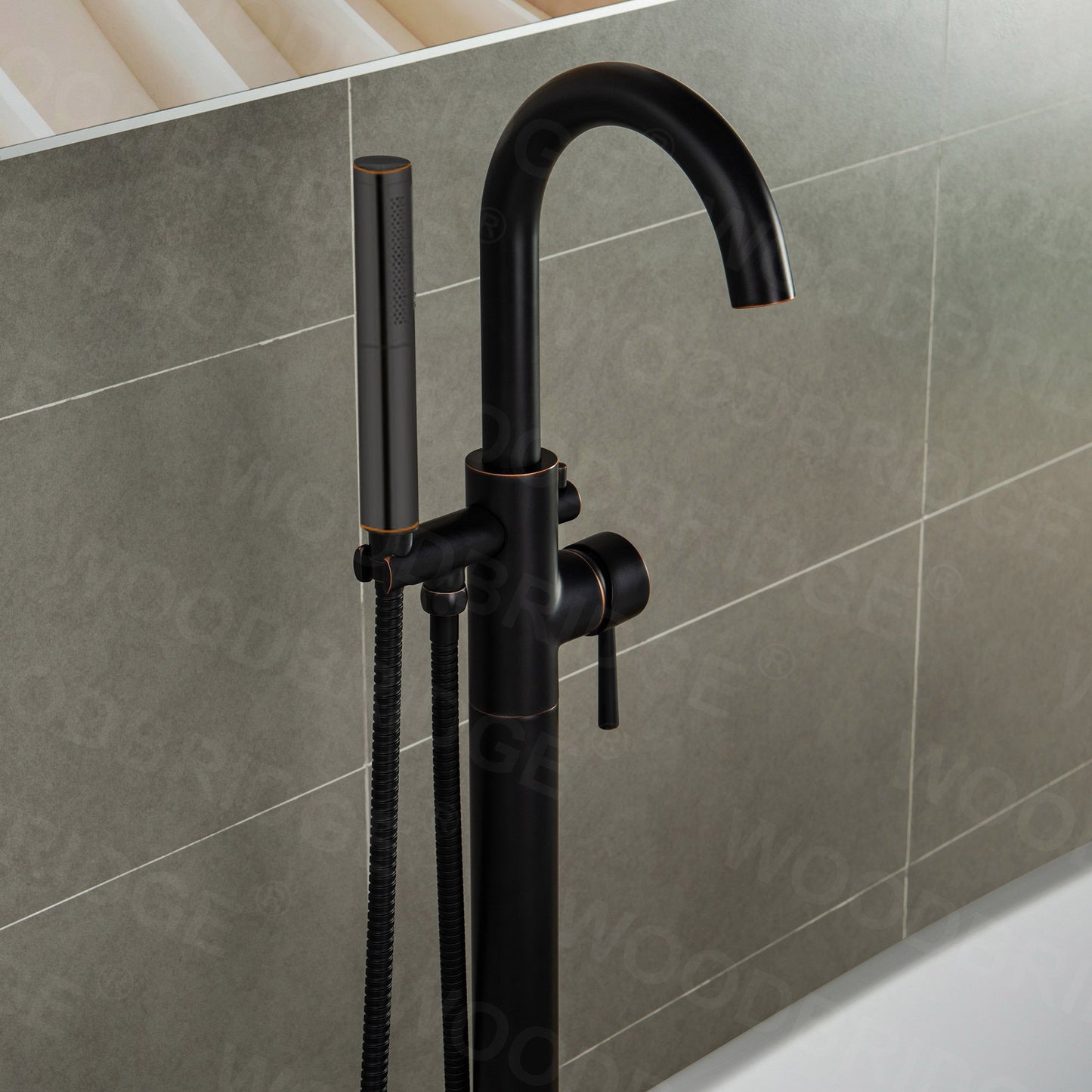 WOODBRIDGE F0001BNDR Contemporary Single Handle Floor Mount Freestanding Tub Filler Faucet with Hand shower